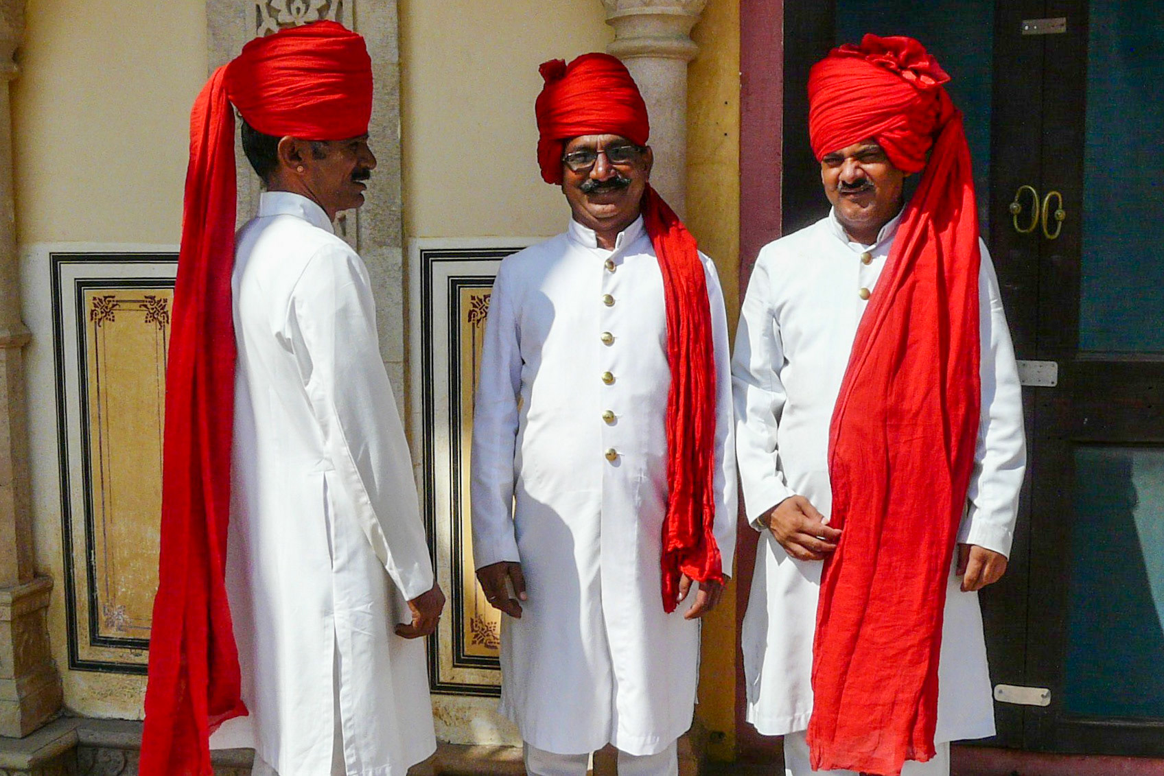 Officials displaying long turbans, City Palace, Jaipur, India