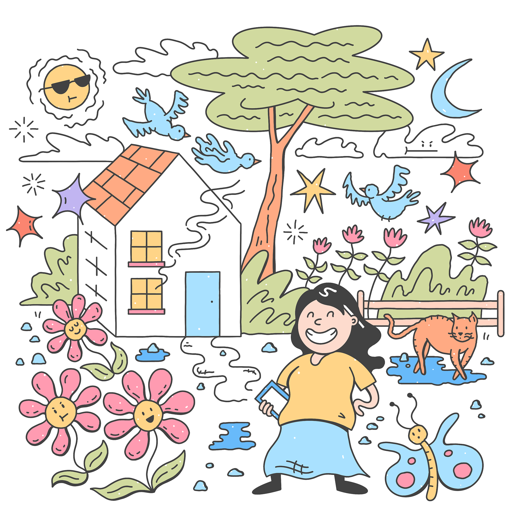 Amy Lauren Illustration, Dublin, Ireland – seen is an image of an illustrator with flowers, animals, trees and plants, stars and a sun and moon. The atmosphere is positive, whimsical and fun. The colours are bright, light and varied.