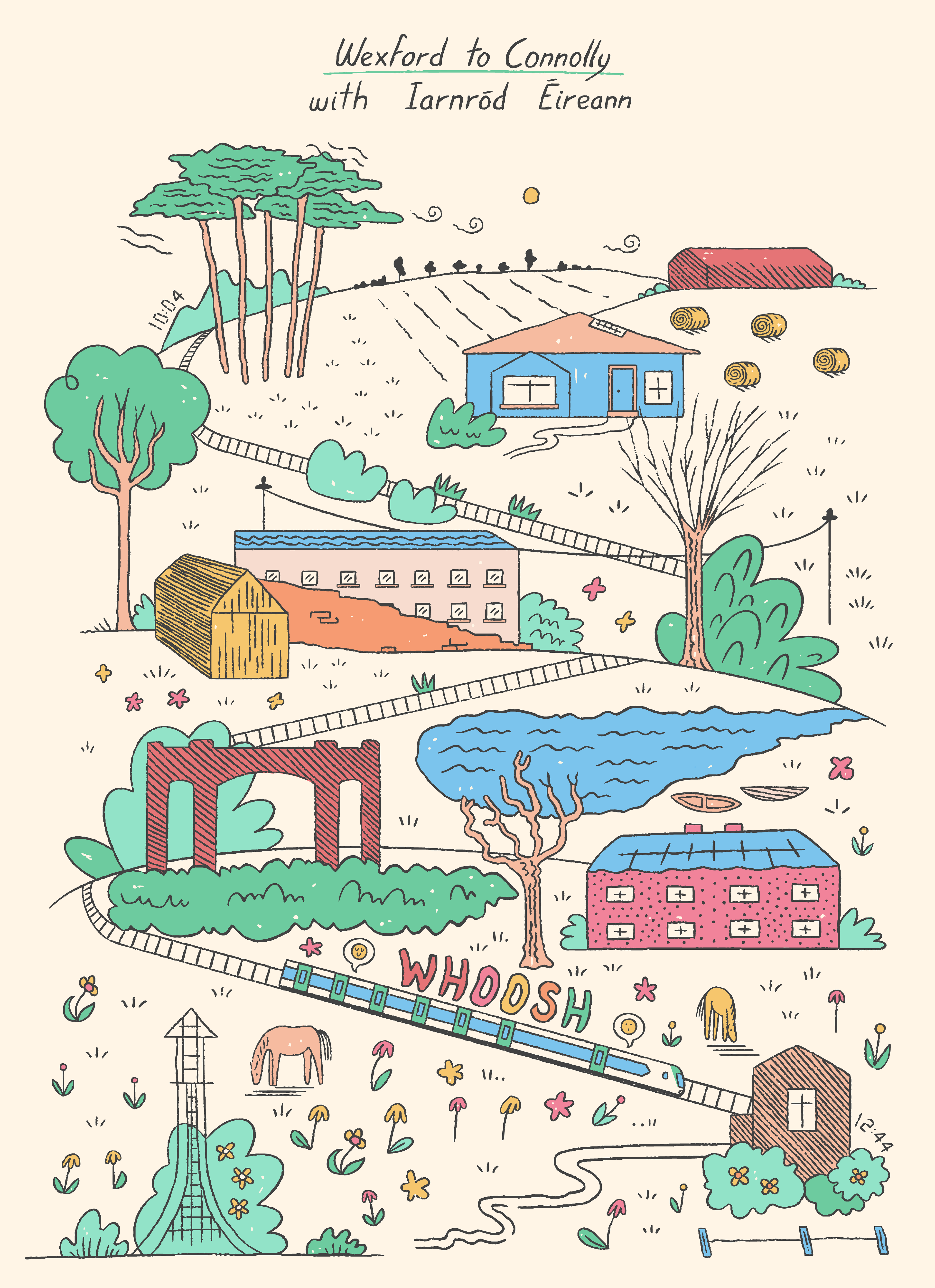 A collage illustration showing different sketched images of places seen on a train journey from Wexford, Ireland, to Connolly Station, Dublin, Ireland, using the new electric trains from Irish Rail or Iarnrod Eireann.