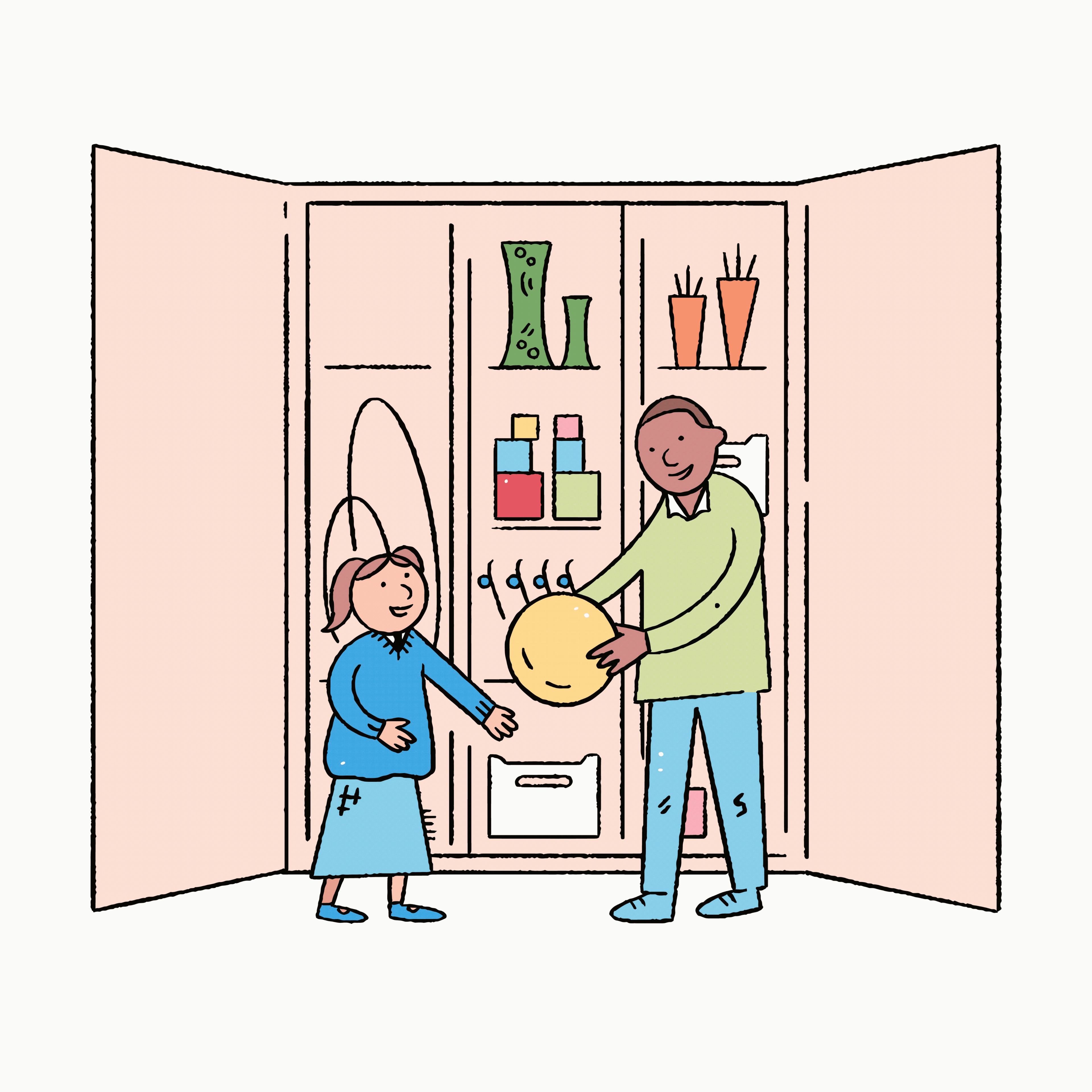 GIF of images showing spot images for a leaflet about the sensory experiences of autistic children. Shows different sensory spaces for low and high sensory needs, an example sensory experience in a school bathroom, and activities between teachers and young children in bright vector colours.