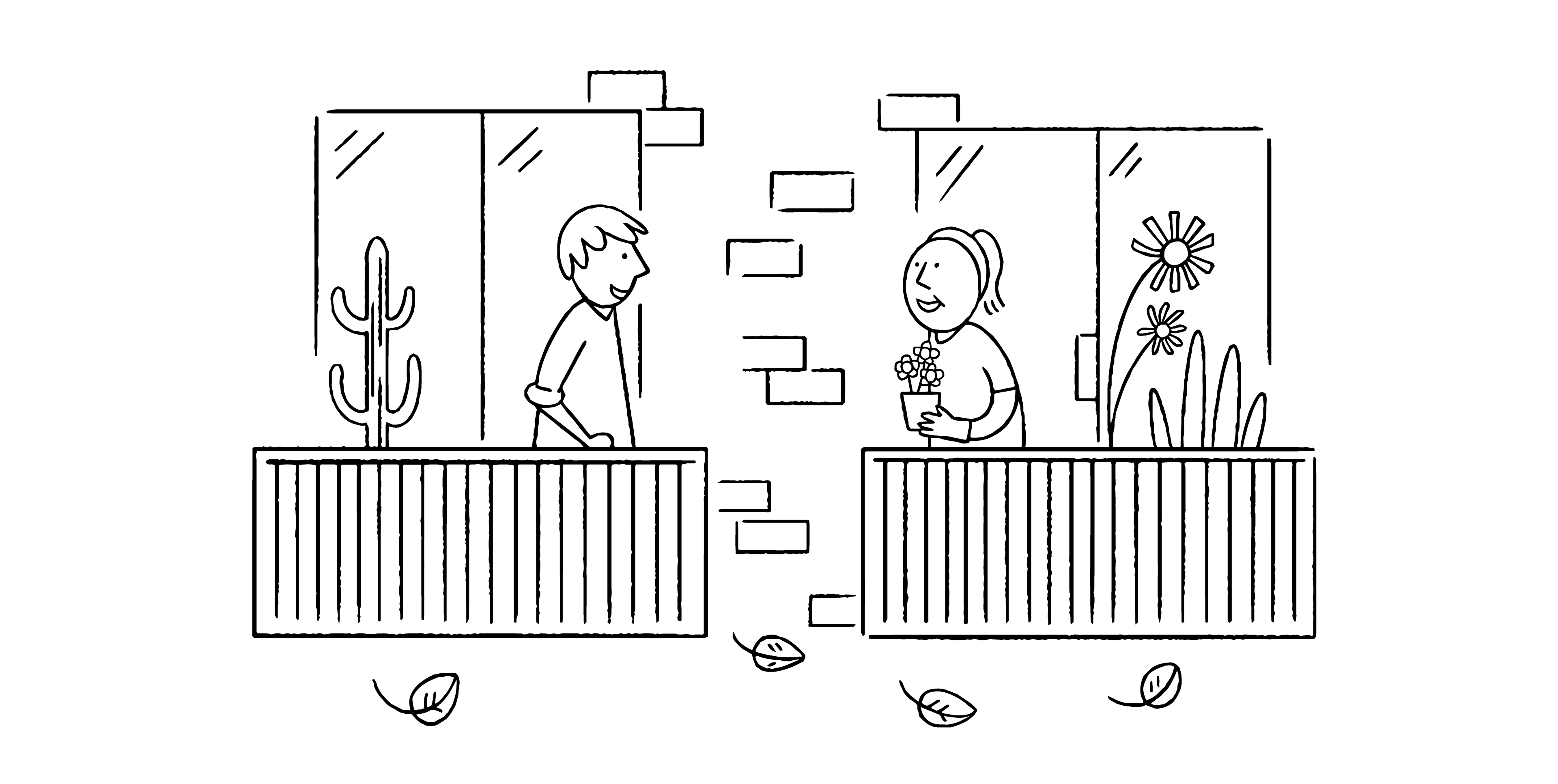 A landscape image for Oaklee is shown of a pair of neighbours speaking over their balconies. One of them is shown with a cactus, the other with seasonal flowers. Leaves blow to show the change of seasons.