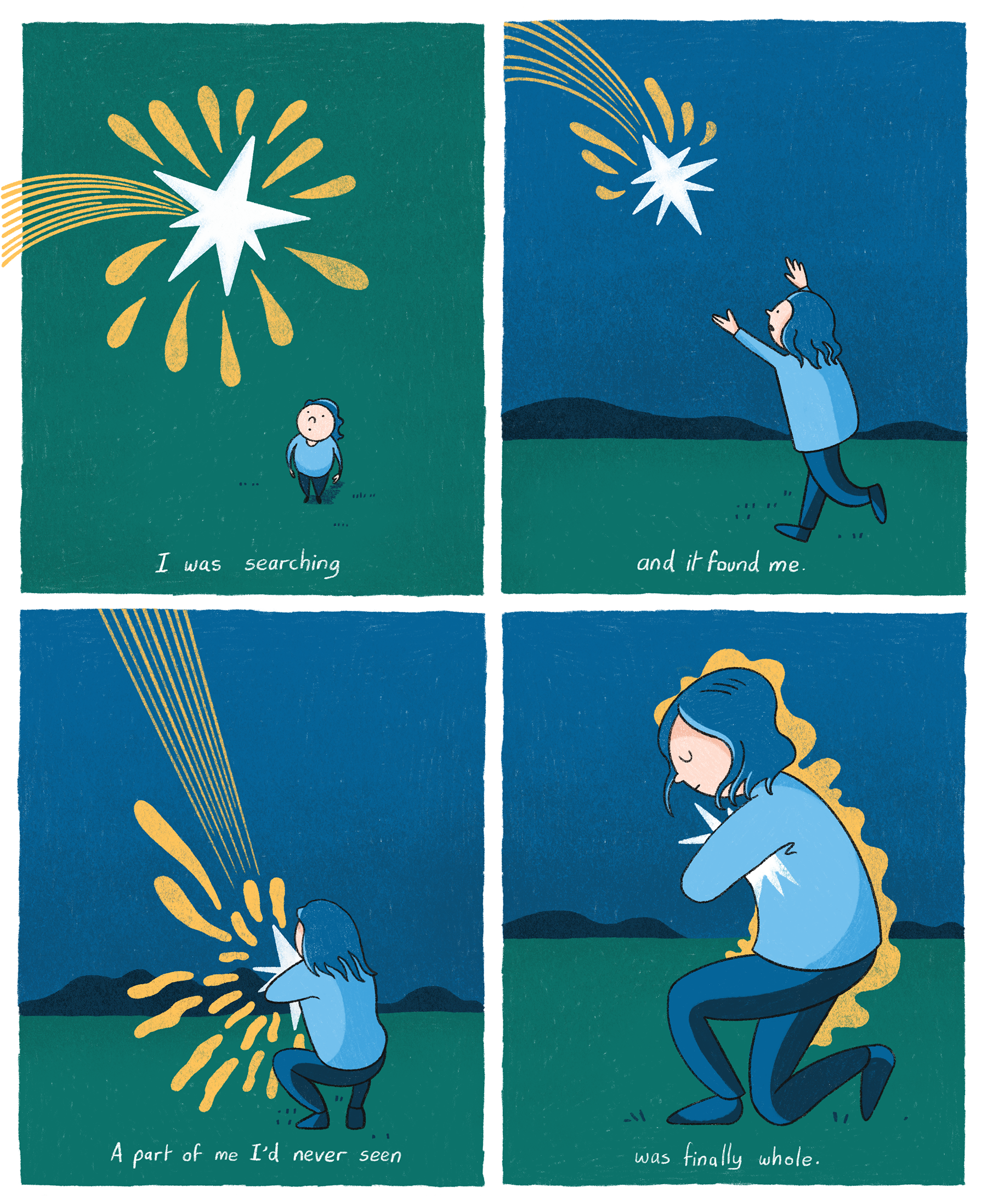 Comic depicting a female character walking in a dark field, before a shooting star lands to meet her and absorbs into her. The comic is a visual metaphor for formal autism diagnosis.