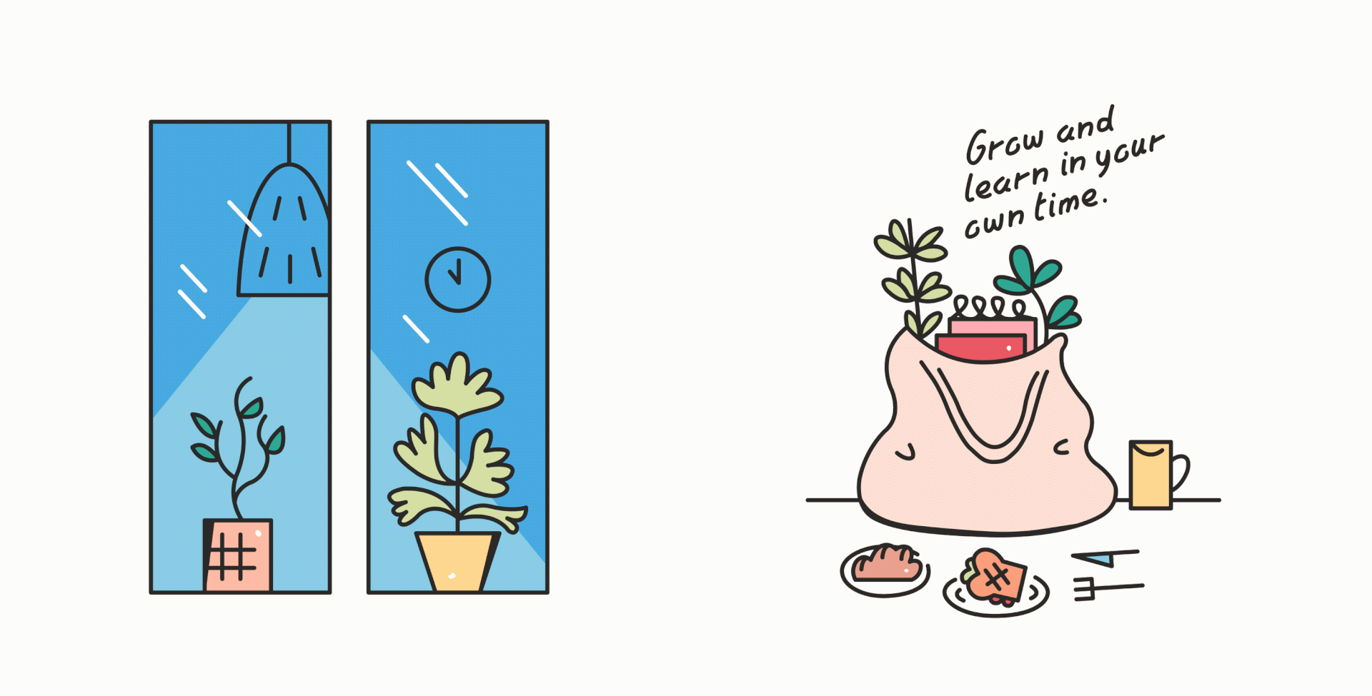 A carousel gif showing spot illustrations depicted in bright colours. The images are for Homebody, the illustrator's ideal working space or night cafe for freelancers. Subjects featured are a trendy creative ready to work on a t-shirt, a mug depicting a full tote bag with food and coffee, and two other images depicting the ambiance of the ideal night cafe.