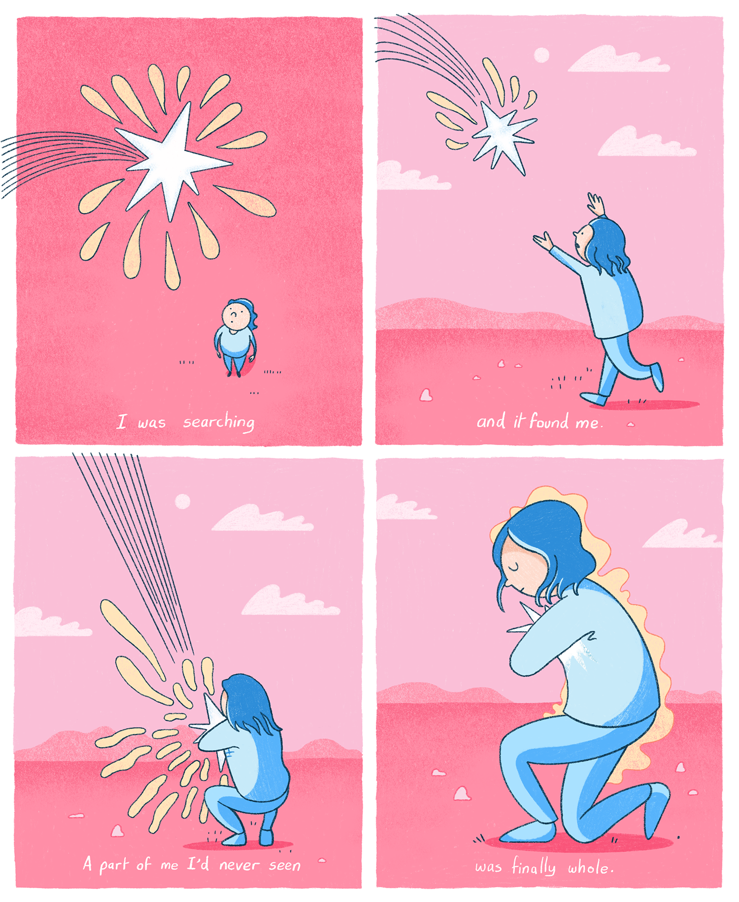 Comic depicting a female character walking in an alien planet field, before a shooting star lands to meet her and absorbs into her. The comic is a visual metaphor for late autism or neurodivergent diagnosis.