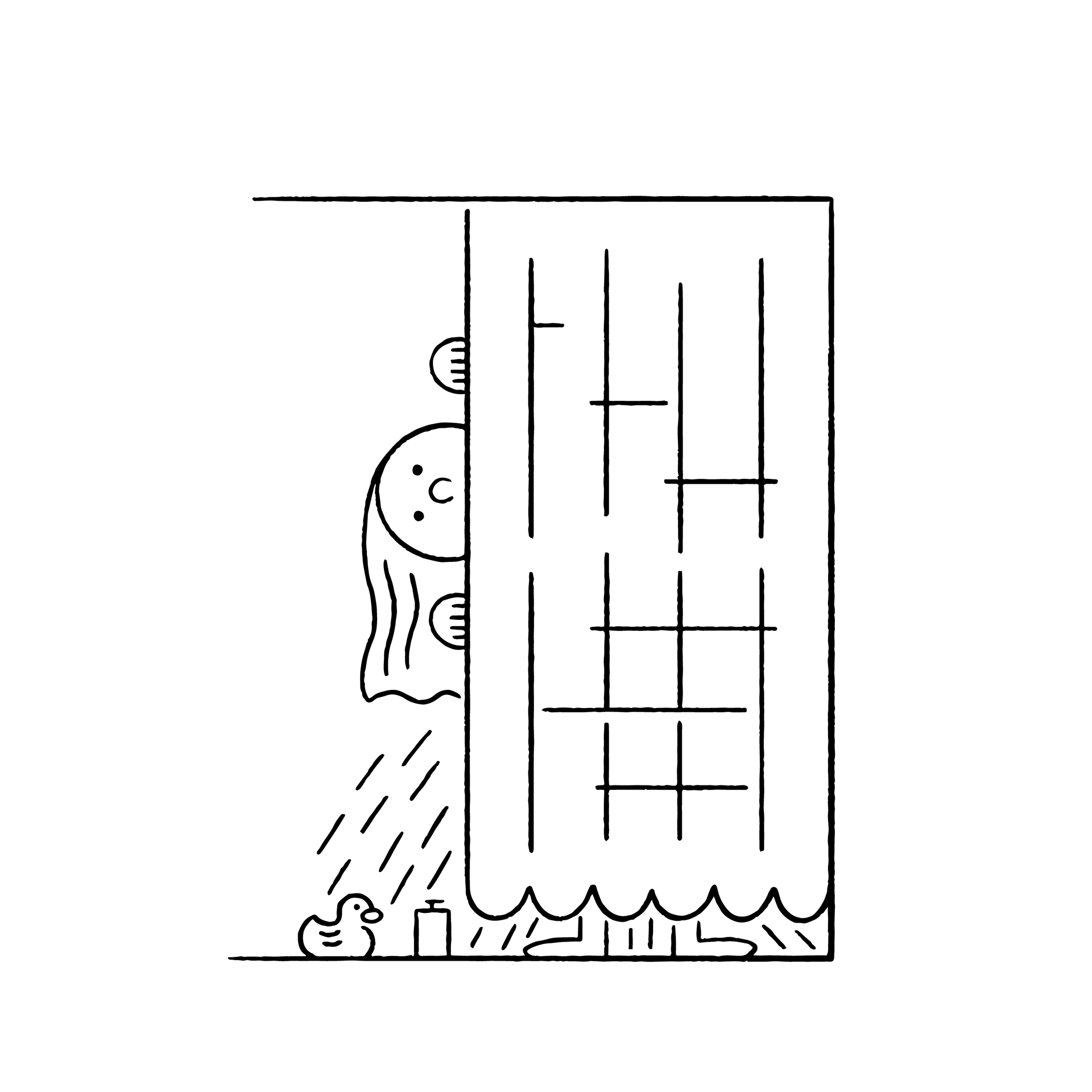 A woman is shown peeping out of her shower, with a rubber duck and soap.