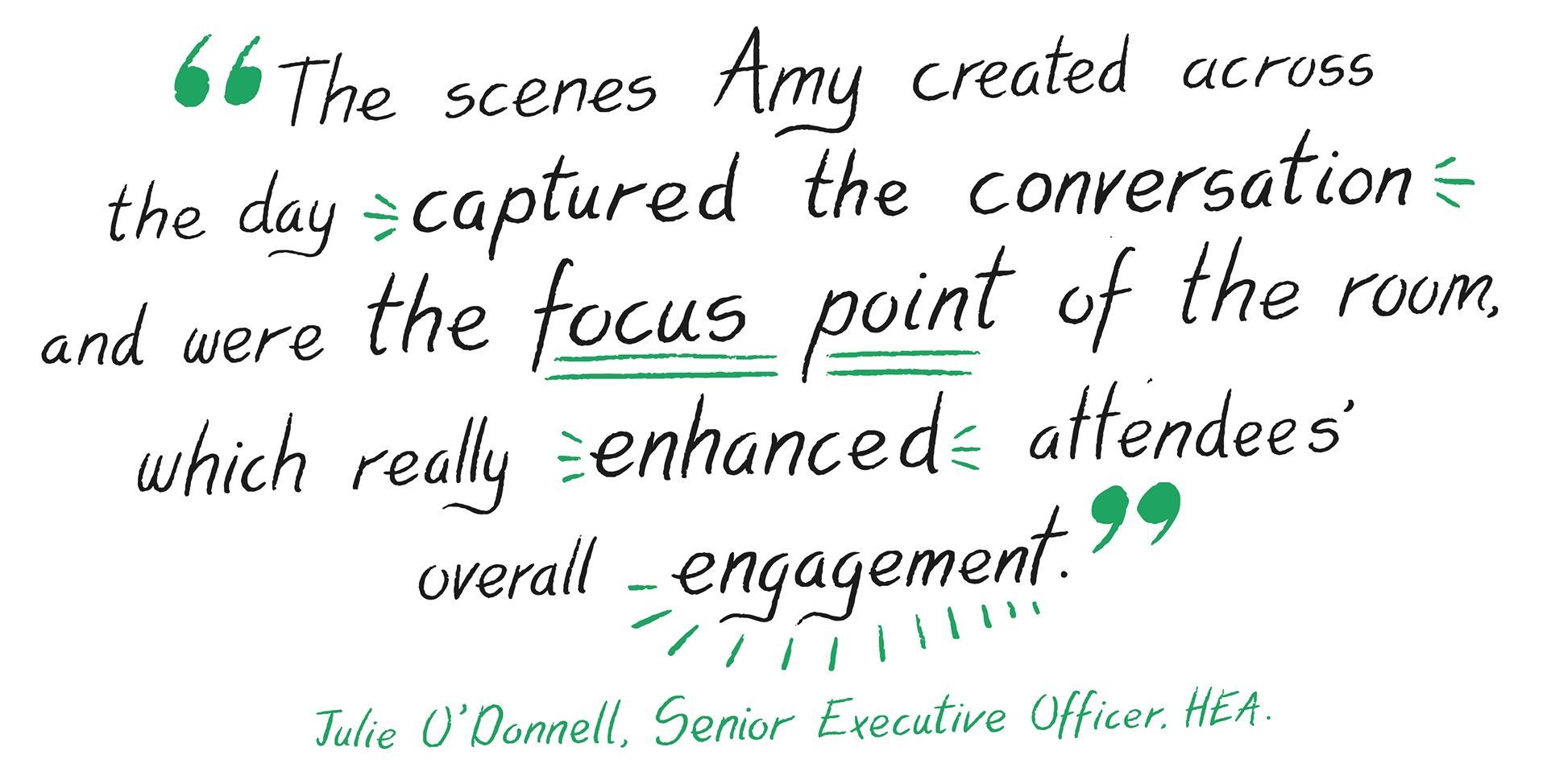 The scenes Amy created across the day captured the conversation and were the focus point of the room, which really enhanced attendees' overall engagement. – Julie O'Donnell, Senior Executive Officer, Higher Education Authority (HEA). From Amy Lauren Illustration's graphic recording page, Dublin, Ireland.