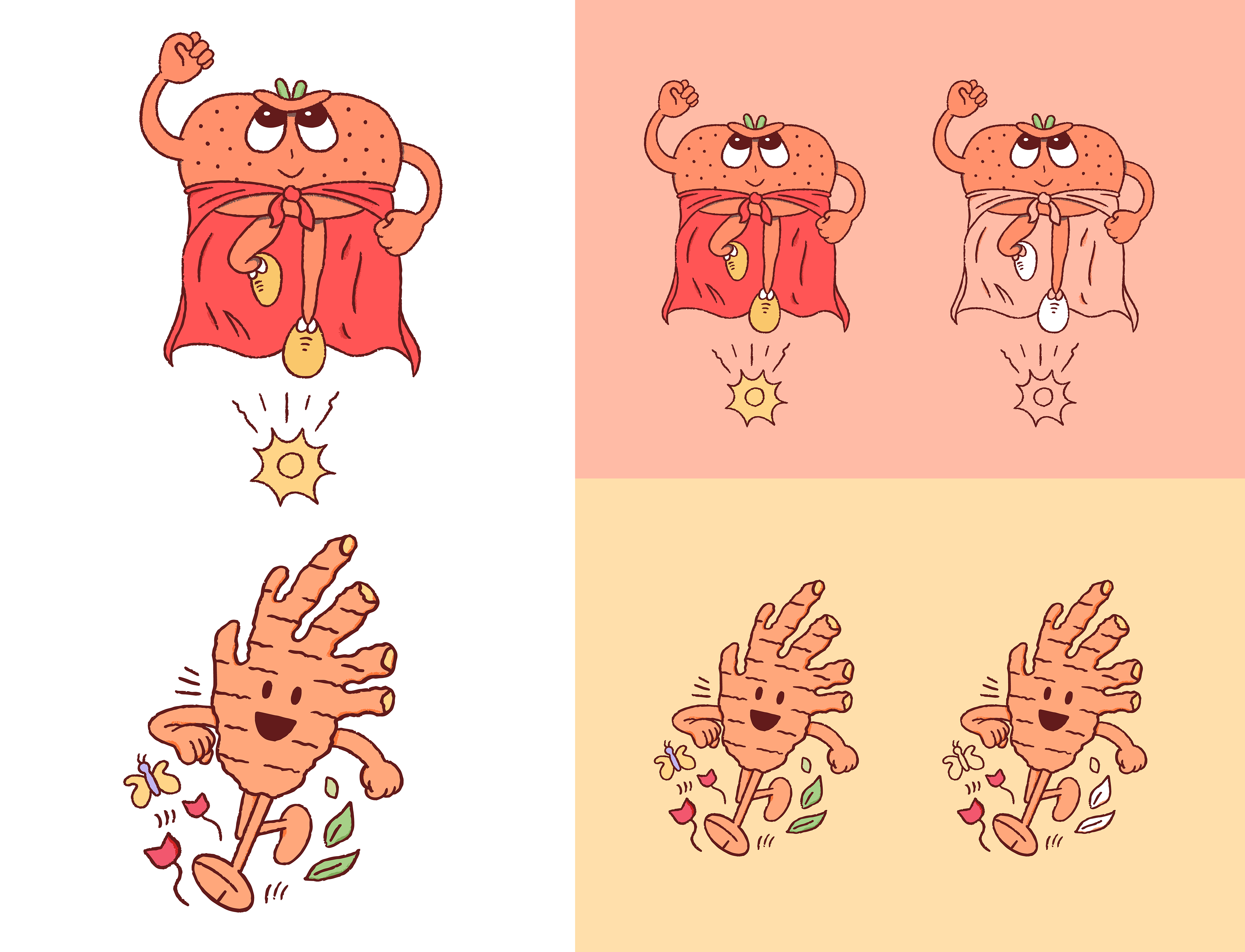 The Innocent Smoothie Super Smoothie range, introducing characters made in the form of cucumbers, apples, kiwis, cherries, strawberries, guarana, ginger, oranges and carrots. All illustrations and character designs are by Amy Lauren Illustration, based in Dublin, Ireland.