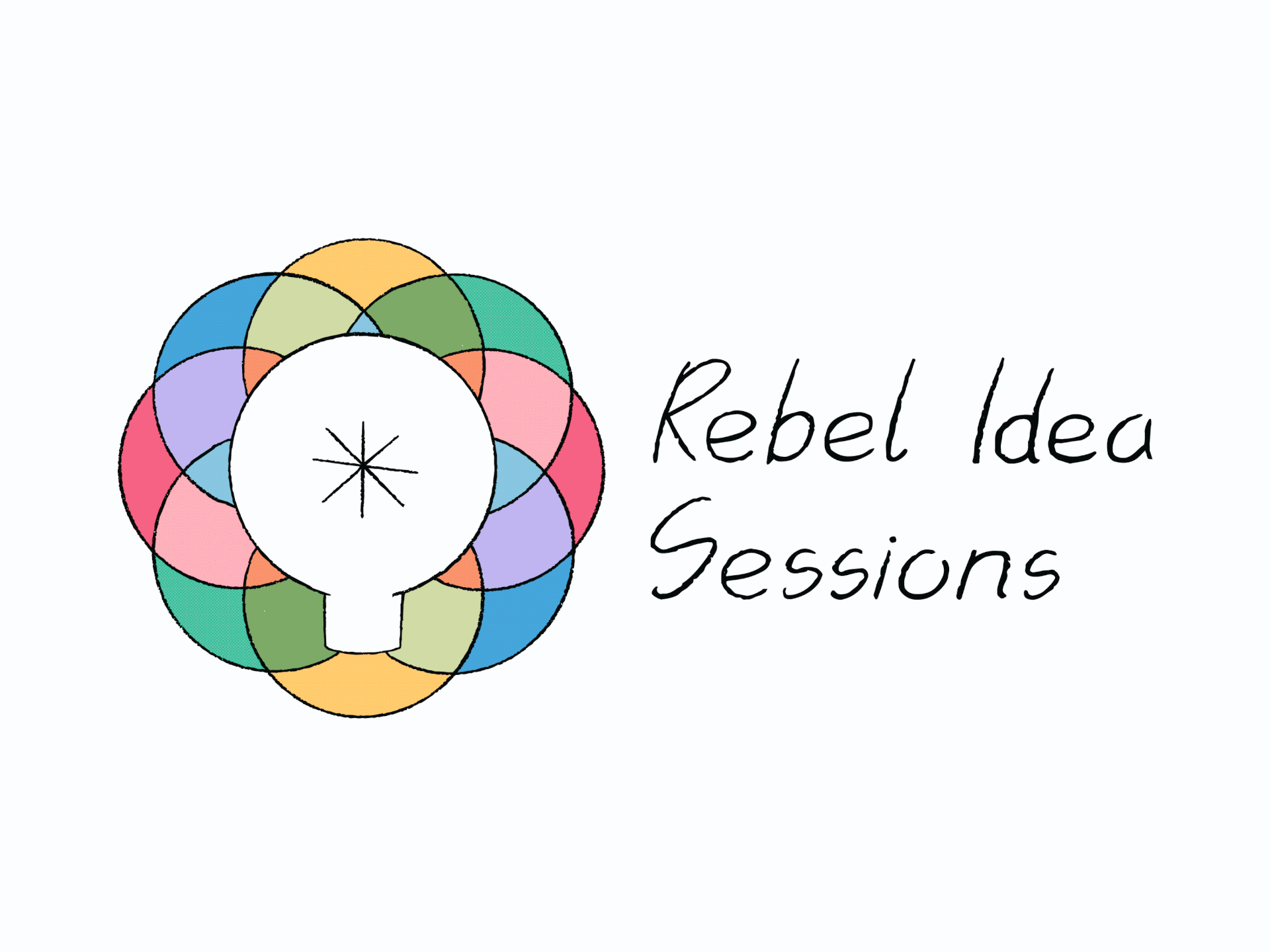 A logo of a colourful lightbulb is shown on a business card, as well as with the text Rebel Idea Sessions next to it in handmade lettering.