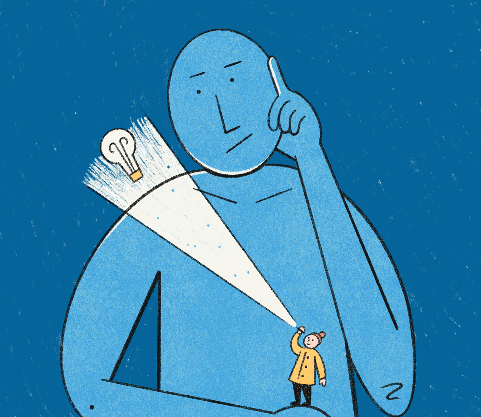 An abstract figure is shown stuck in their confusion, while a small figure of the author illuminates the solution over their shoulder.