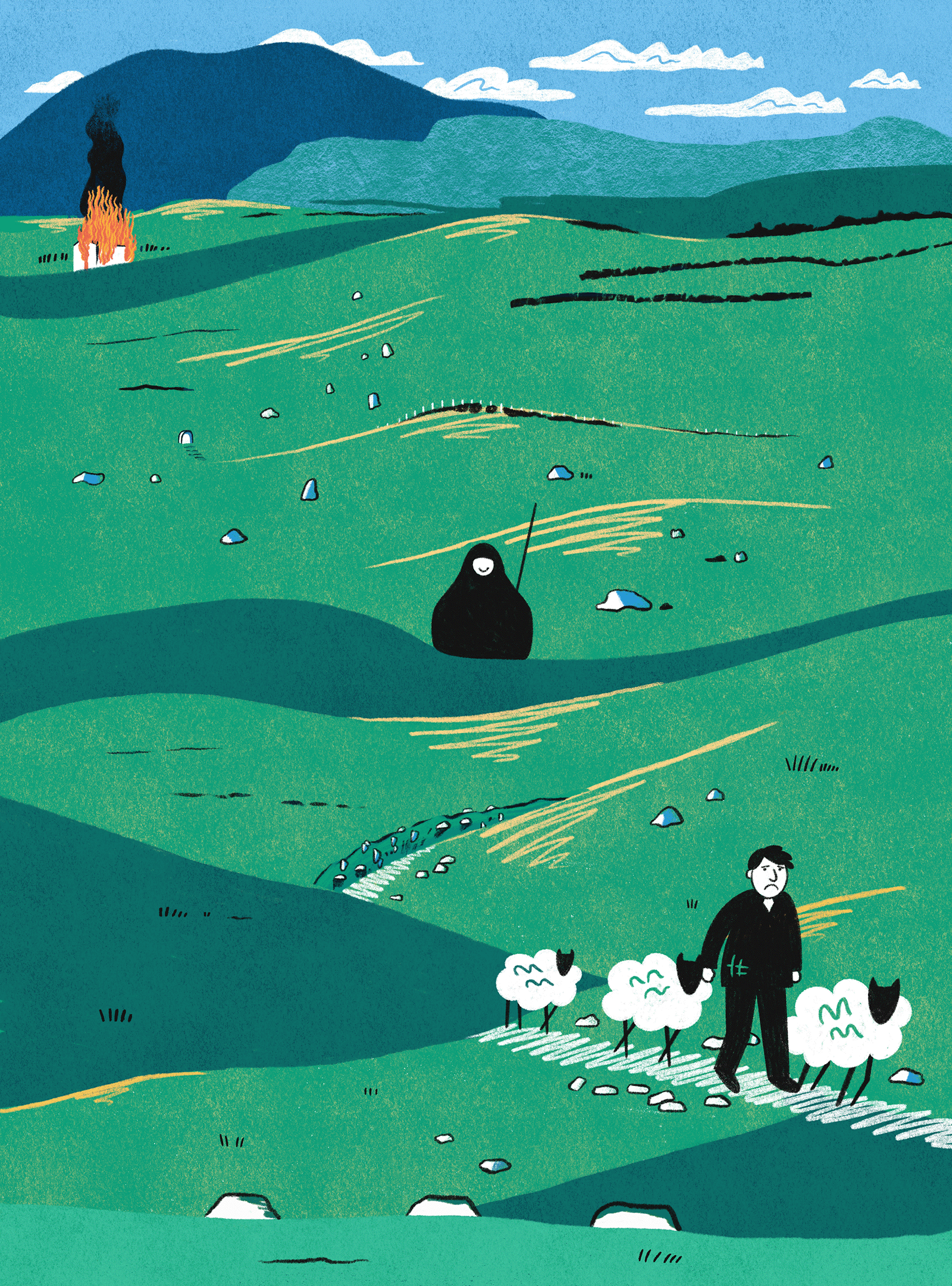 A green field showing characters from the film Banshees of Inisherin, with lots of green, blue, black and orange.