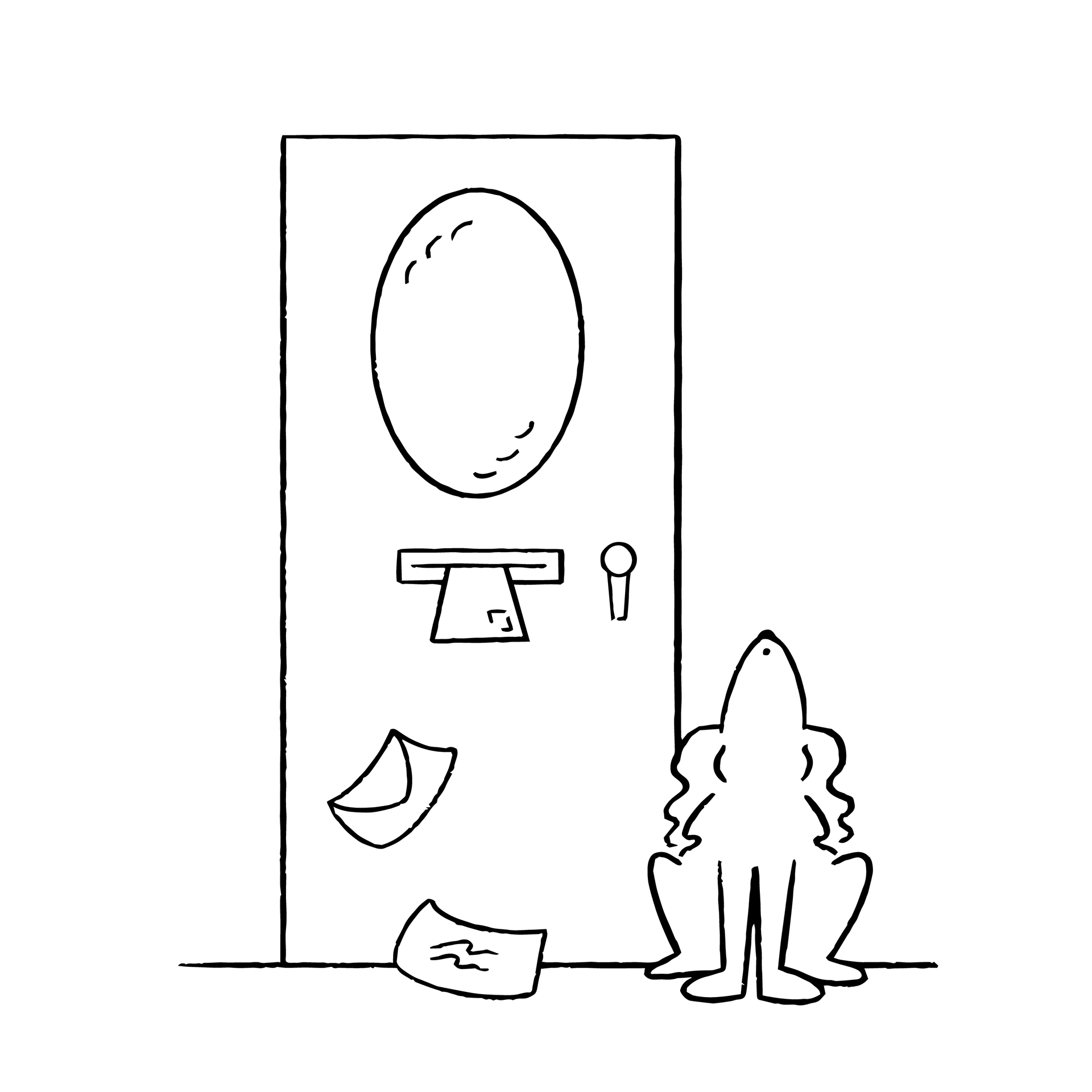 A dog is shown howling by the door as post comes through.