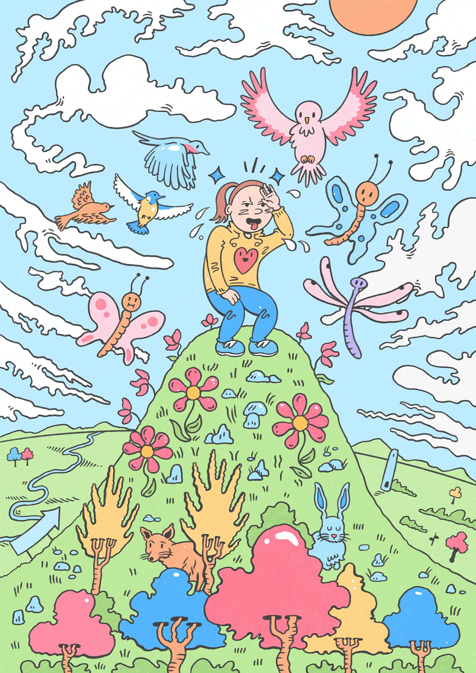 Amy Lauren Illustration and Graphic Recording, Dublin, Ireland – My exhibition piece Two Legs Suffice for Affinities with Illustrators Ireland. Features a woman on the top of a hill, having finished her hike. Birds and animals surround her, along with trees, flowers and plants. 