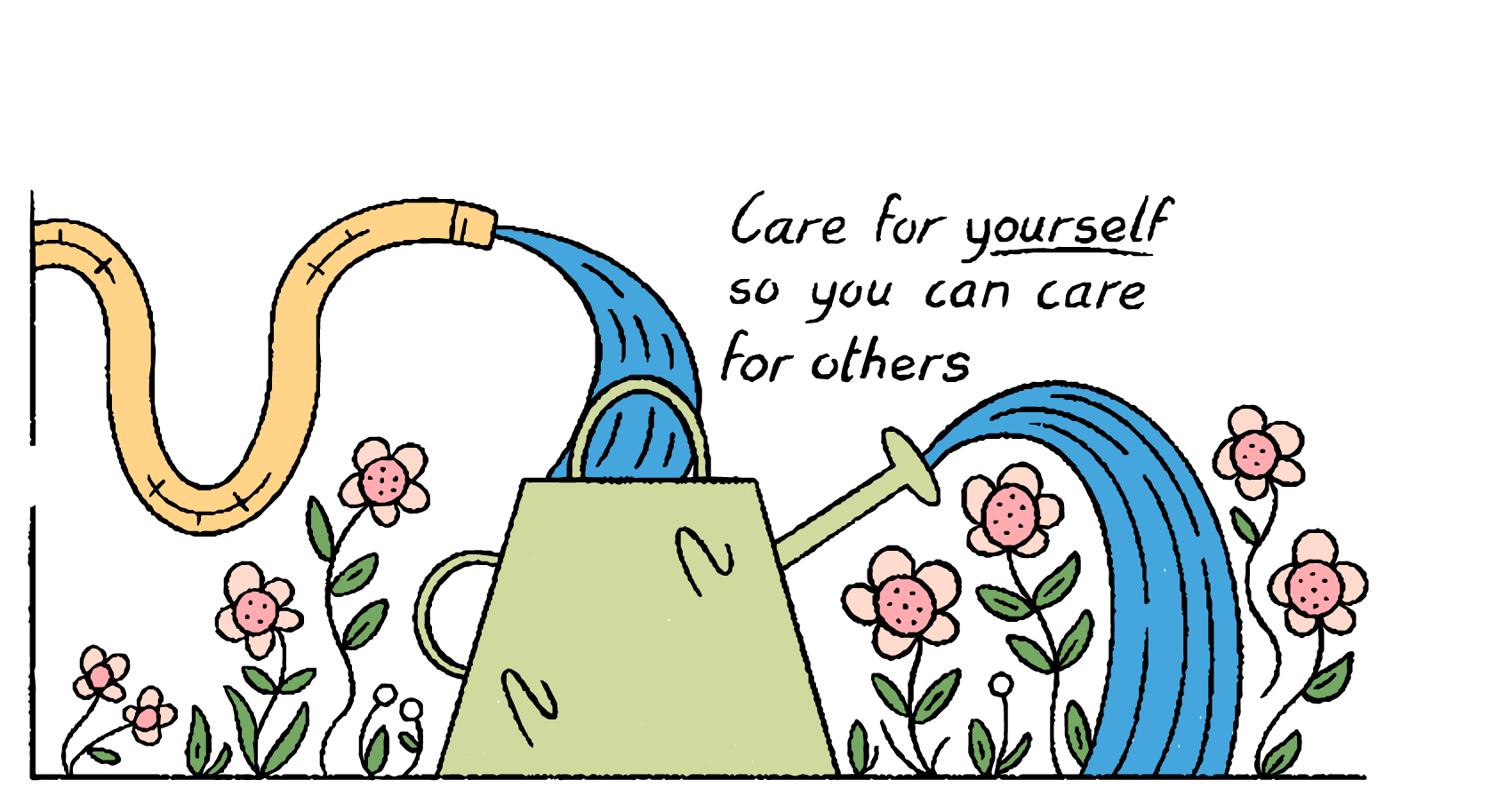 A green watering can is being filled with water from a yellow hose, and water is pouring out of its spout onto pink flowers with green leaves. Above the watering can, text reads: 'Care for yourself so you can care for others.
