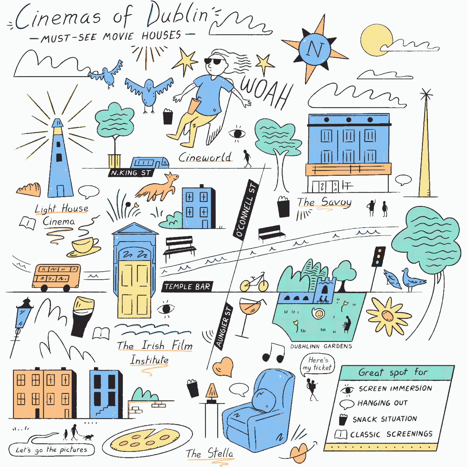 GIF showing a carousel of a close-up of a tote bag design all about Cinemas of Dublin. The bag is a celebration of iconic cinemas and Dublin’s cinema culture.