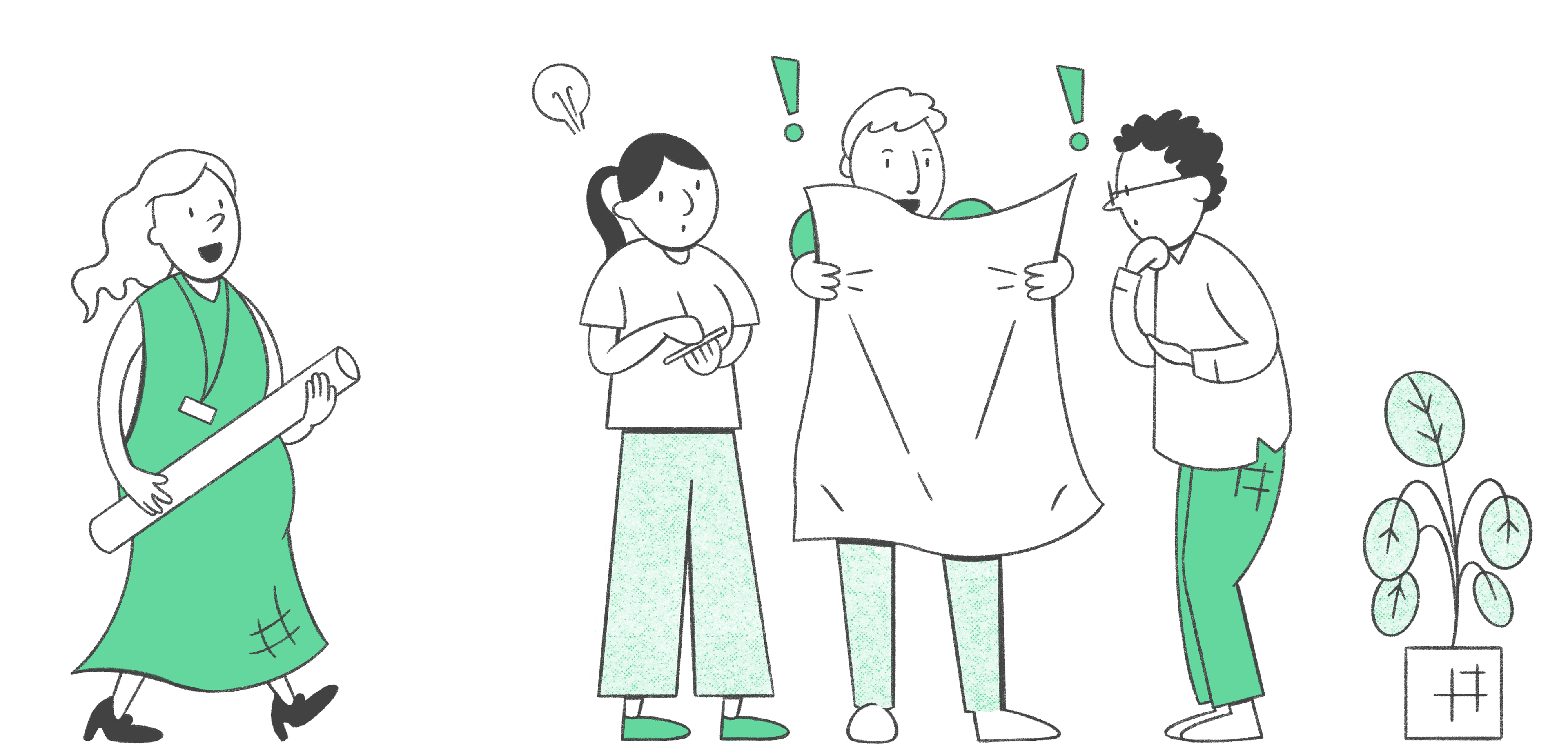 Amy Lauren Illustration from Dublin, Ireland – Image shows office workers looking at a completed graphic recording summary. Features two women, two men, looking at a large sheet and getting ideas from it. Colours are green, black and textured green shades. Also features an office plant.