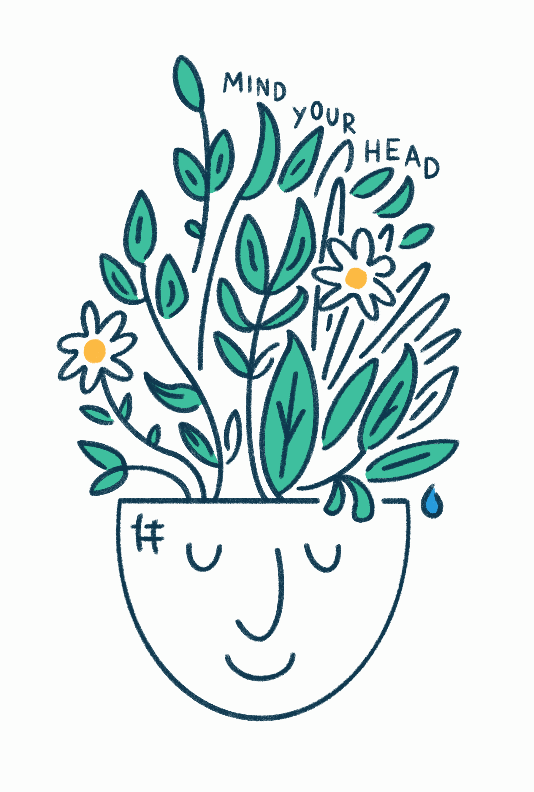 An anthropomorphic plant pot smiles as it has been watered, with text showing 'mind your head'.