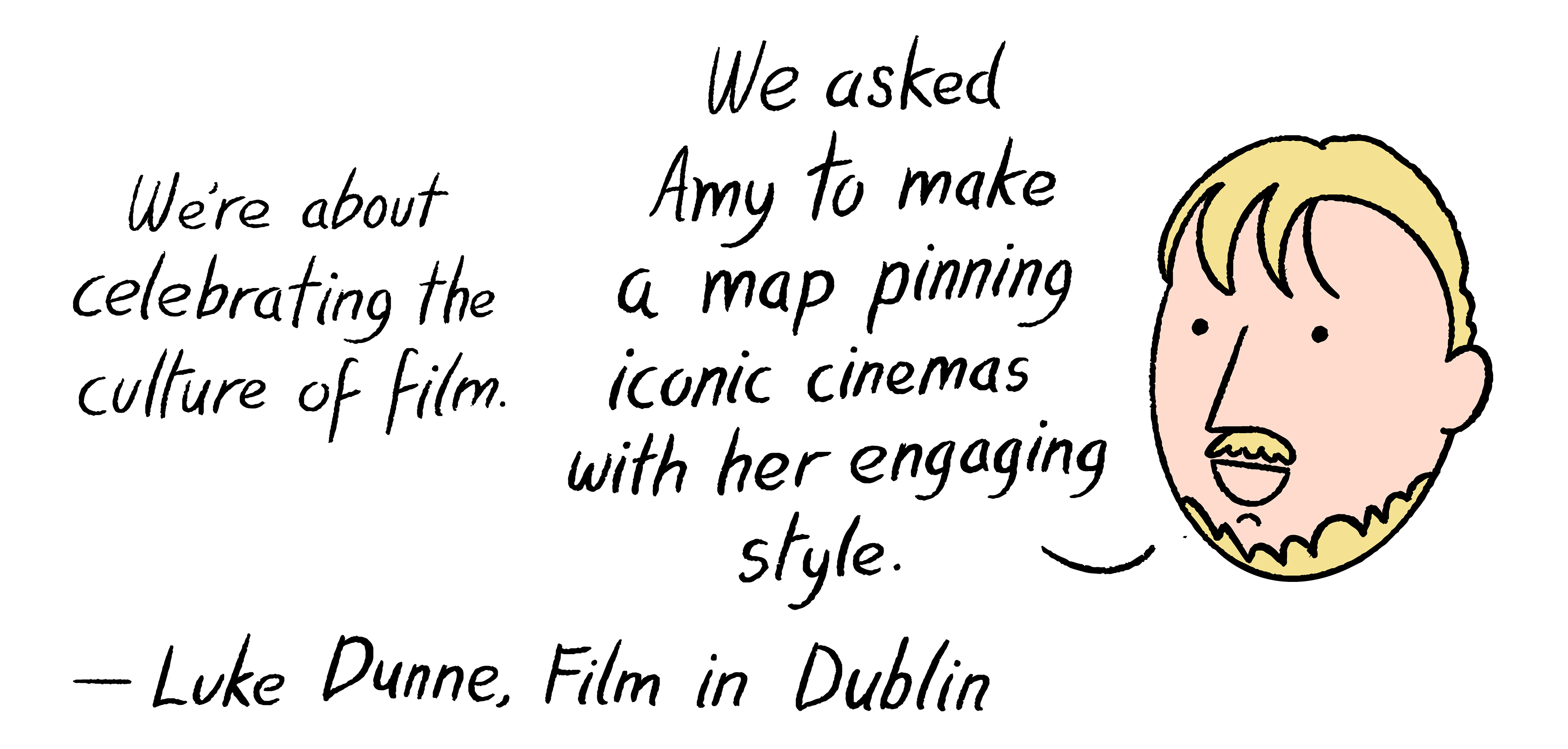 Illustration of Luke Dunne from Film In Dublin, featuring hand-lettered text explaining why the illustrator, Amy Lauren, was commissioned to complete the work.