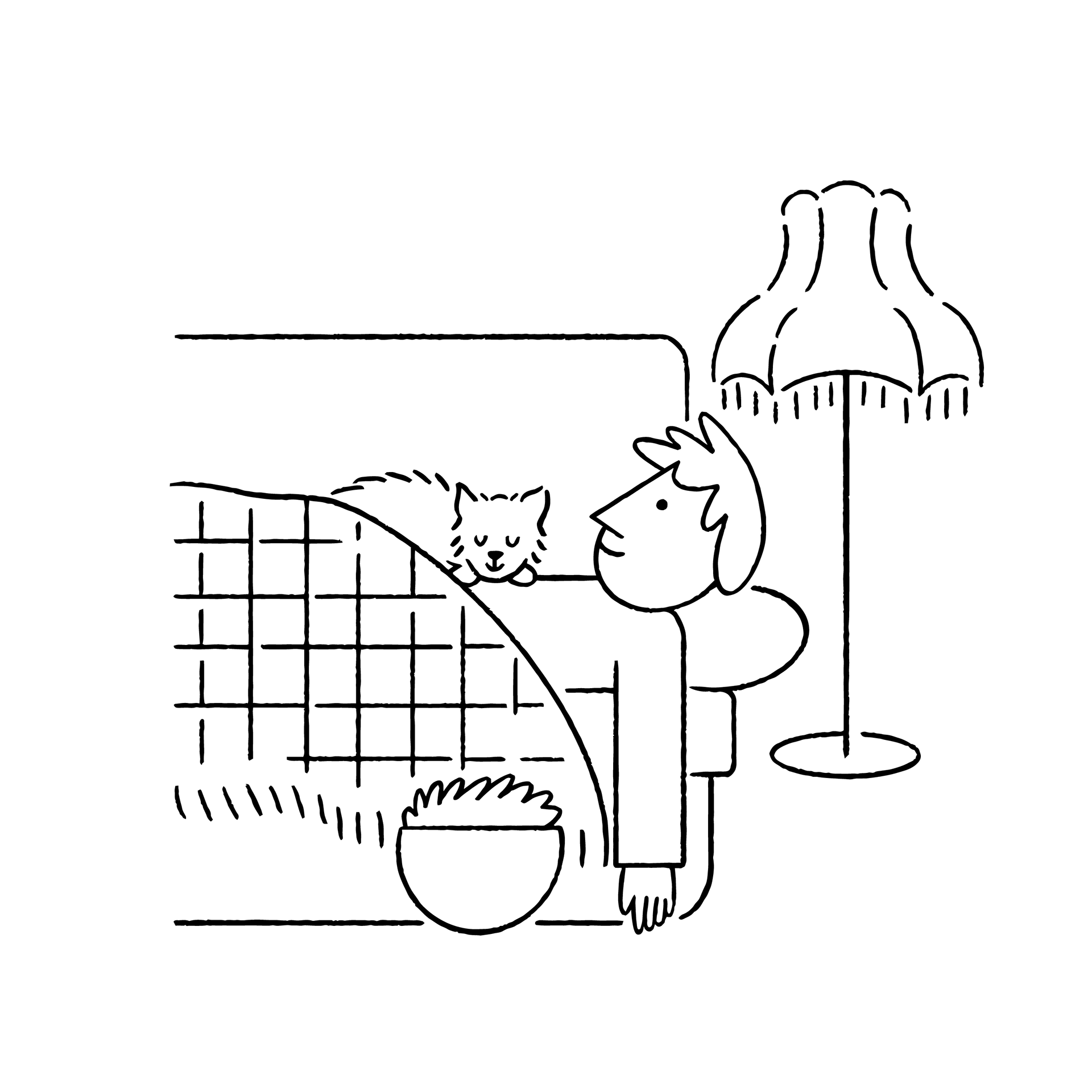A man is shown enjoying time on his couch with his cat and a bowl of popcorn.