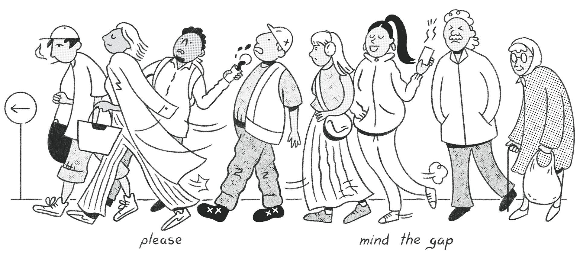 Amy Lauren Illustration, Dublin Ireland – Black and white image showing people leaving a train platform on their early morning commute.