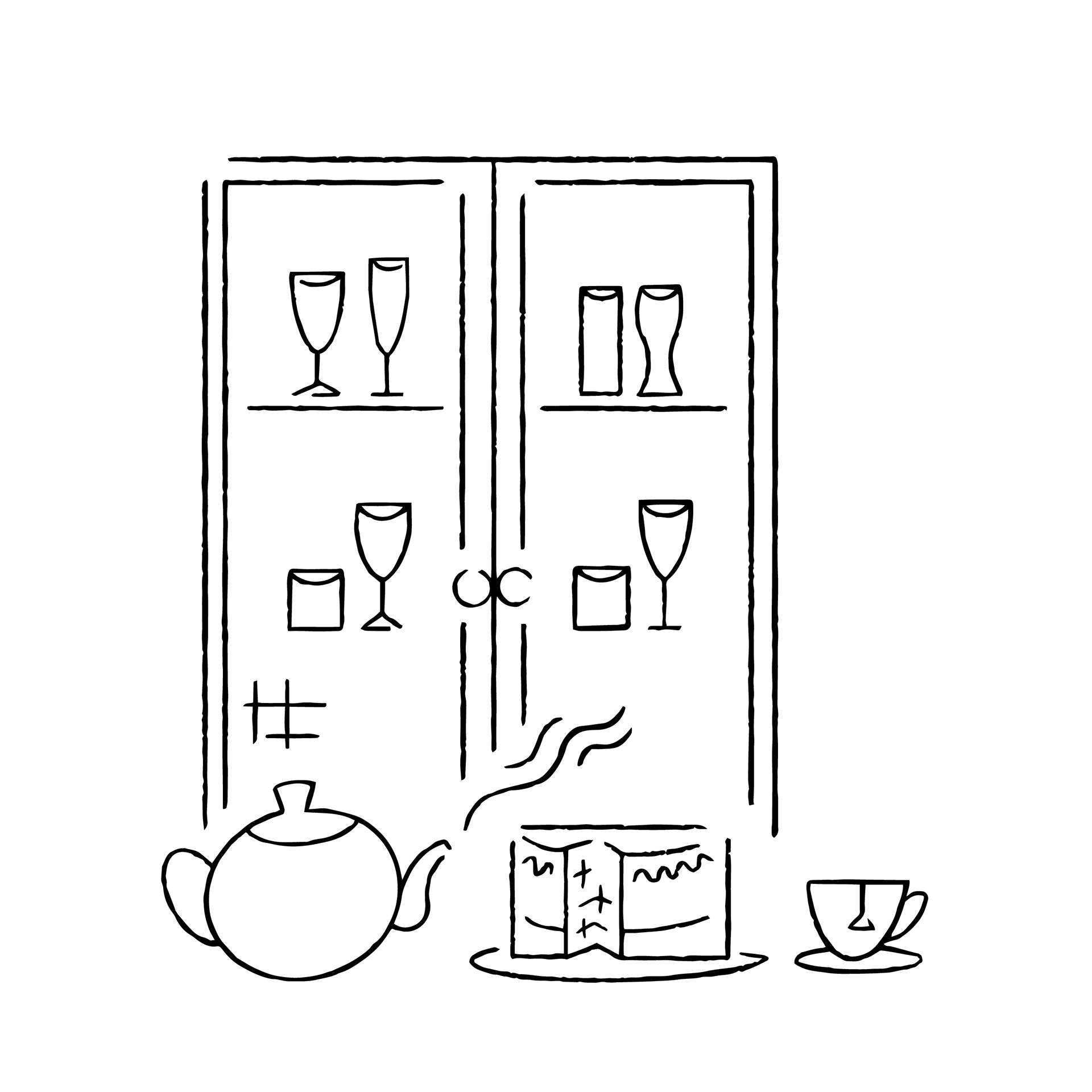 A kitchen cabinet is shown with a boiled teapot, cups, glasses, a cake and a cup and saucer on display.