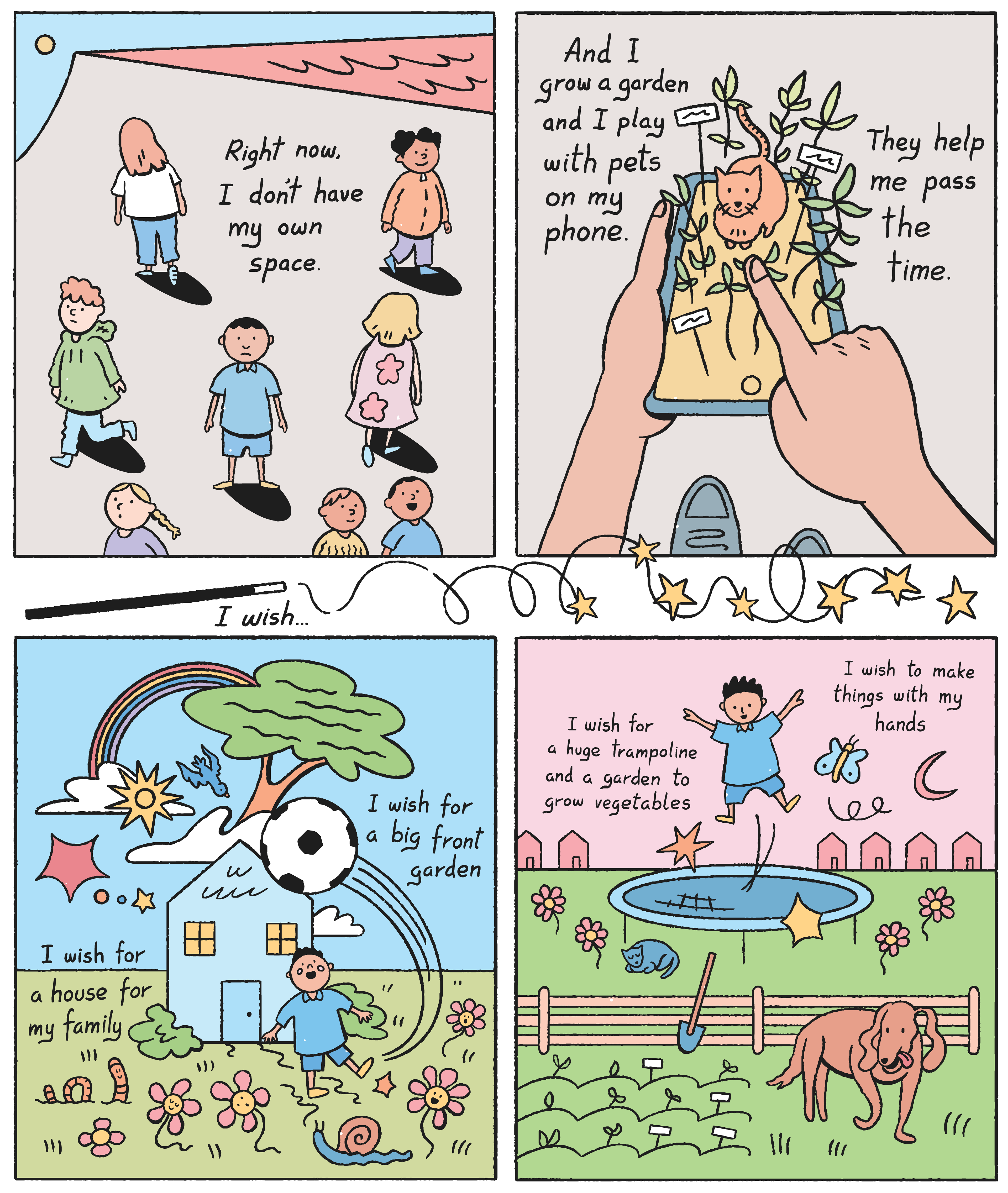 Amy Lauren Illustration Dublin, Ireland – comic poster showing children, animals, plants, housing, sunny weather, flowers and stars. Illustrated poster made in collaboration with Tusla and CYPSC. Thanks to the children who informed the structure of this poster.