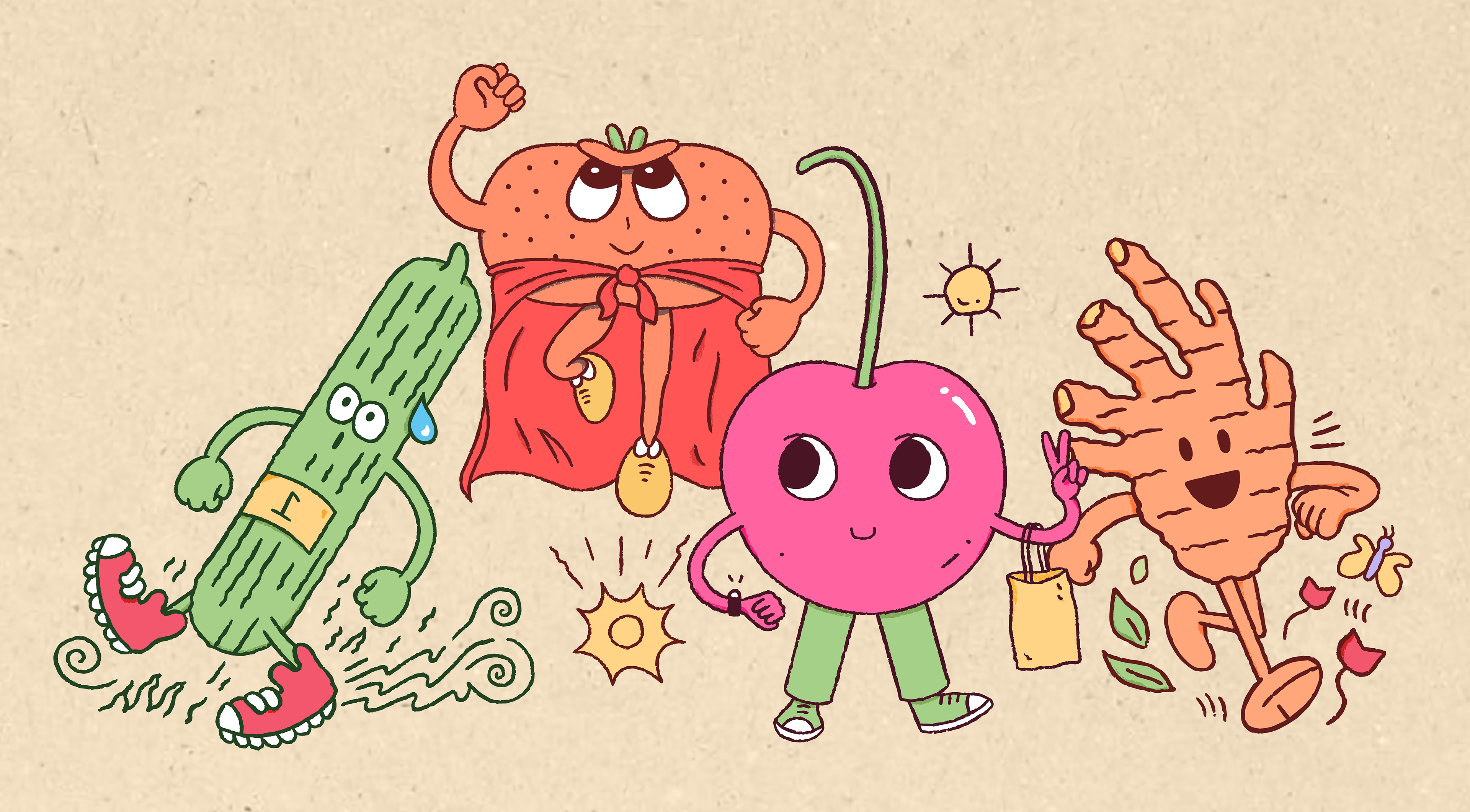 The Innocent Smoothie Super Smoothie range, introducing characters made in the form of cucumbers, apples, kiwis, cherries, strawberries, guarana, ginger, oranges and carrots. All illustrations and character designs are by Amy Lauren Illustration, based in Dublin, Ireland.