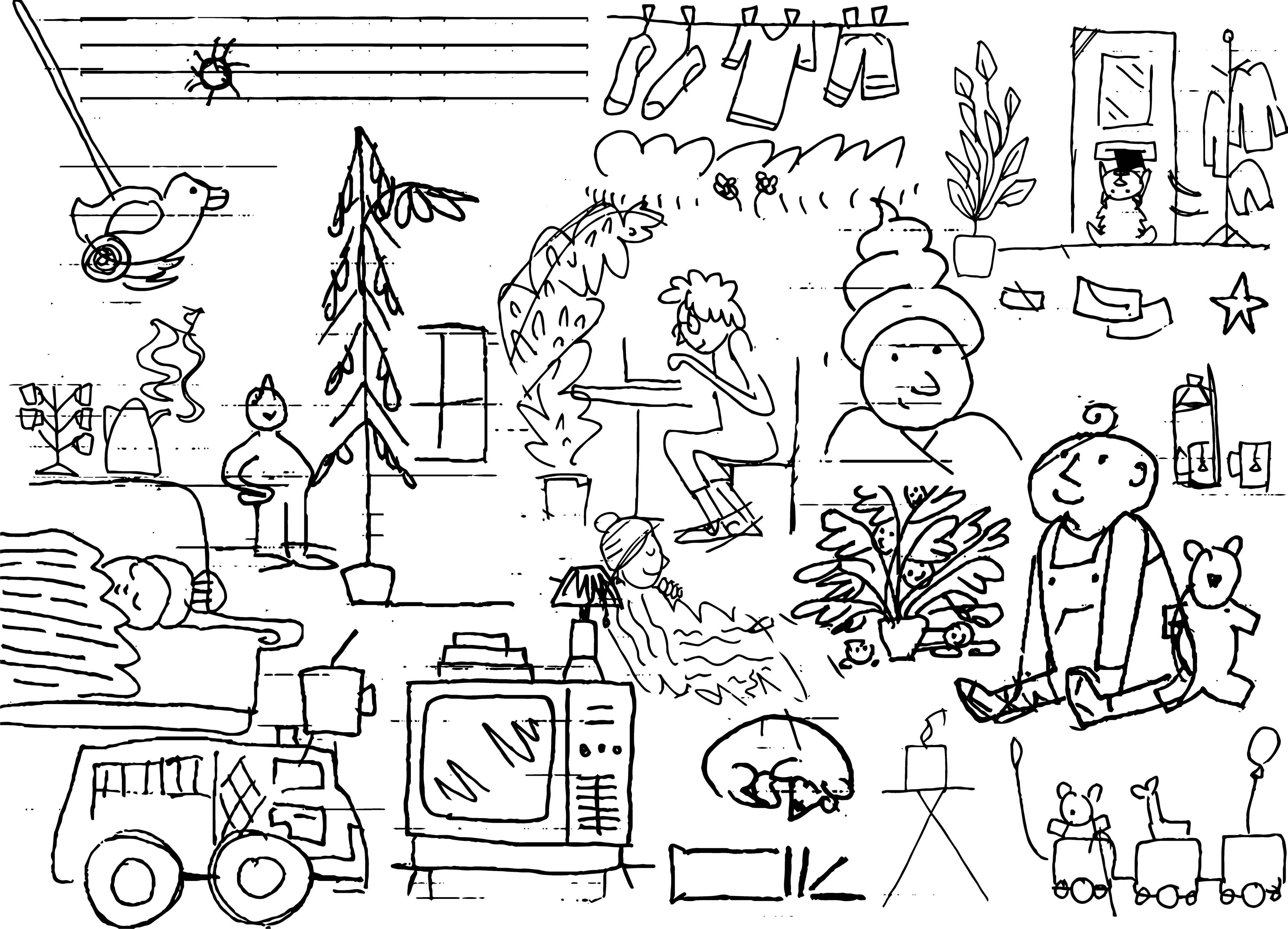 A collage of sketches for Oaklee, showing children's toys, sunny weather, clothing lines, dogs, working from home, tea time, shower time, sleeping on the couch, tv, sleepy pets, plants and cozy time. Other images show overgrown plants, popcorn movie nights, online video viewing, reading, saying hello to neighbours and watering plants on a balcony.