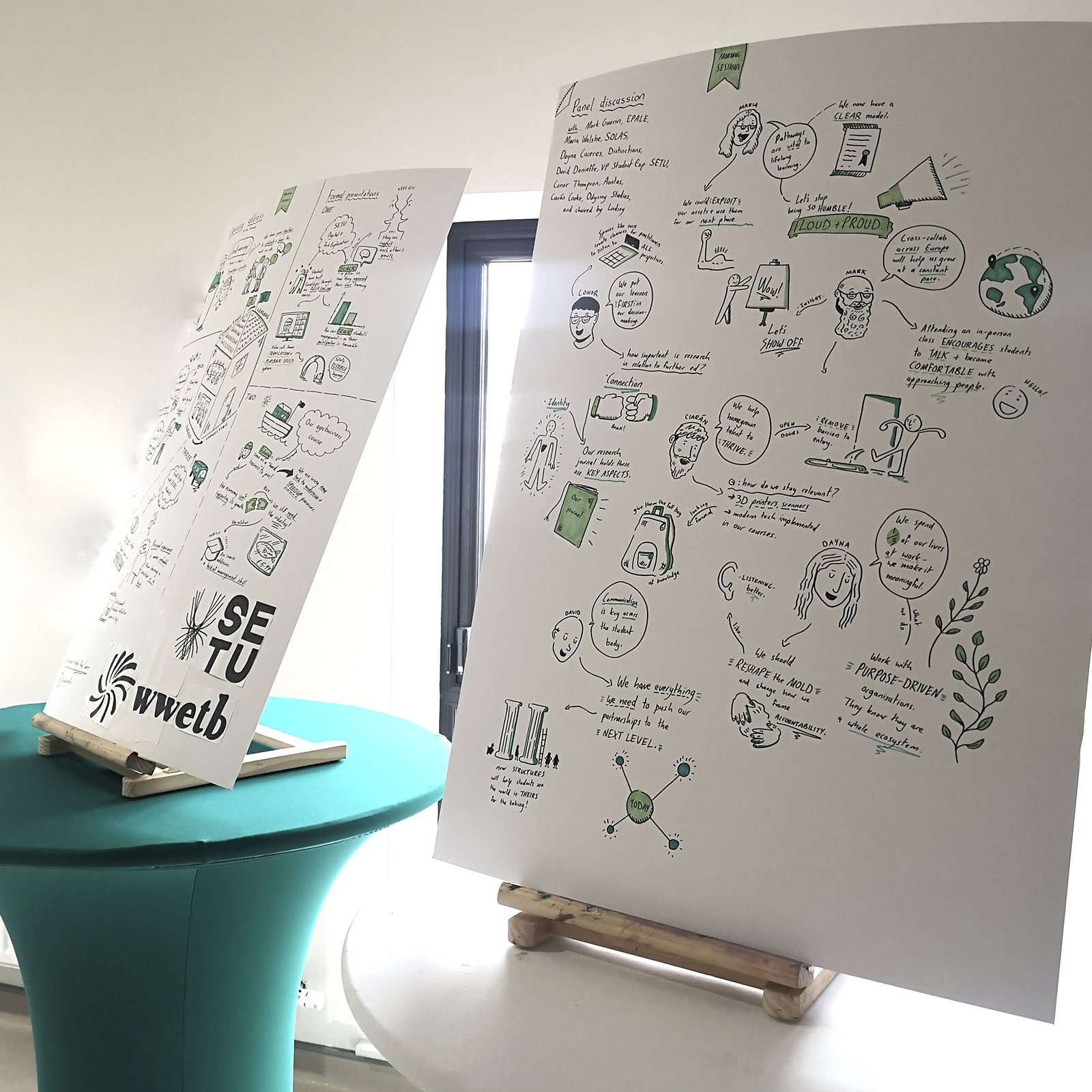 Finished analogue boards presented on easels mid-conference.
