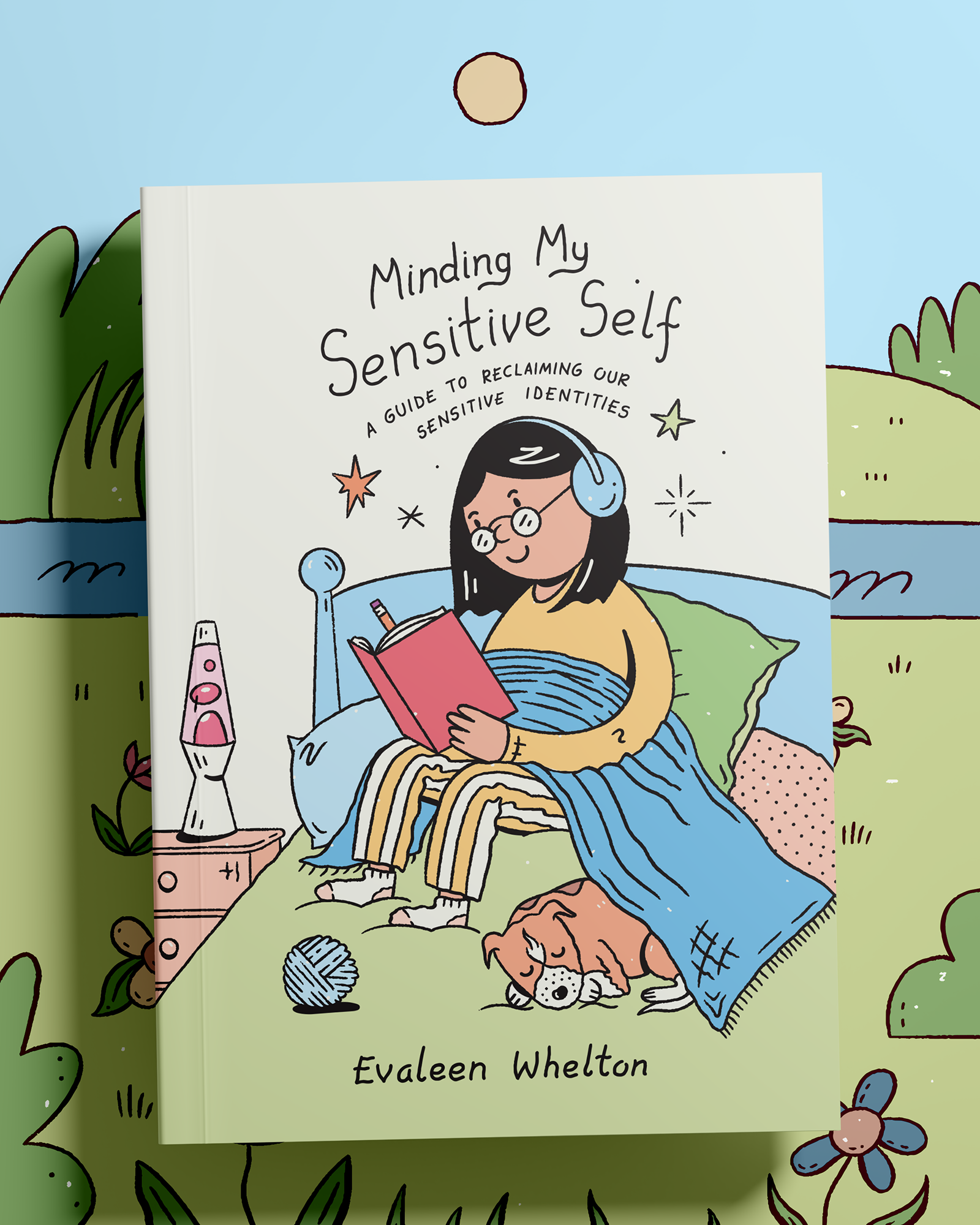 Cover illustration for Minding My Sensitive Self, a self-help book written for autistic children by Evaleen Whelton from Ausome Training. More illustrations feature inside. The cover features a young girl writing in a book, with a blanket, cushions and a sleeping dog beside her.