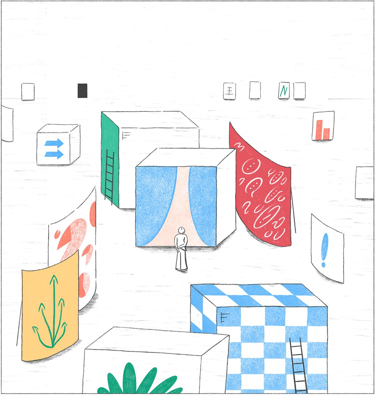 Amy Lauren Illustration, Dublin, Ireland – An abstract illustration of a character looking at objects in a large room. The image was for the University of Toronto's science department.