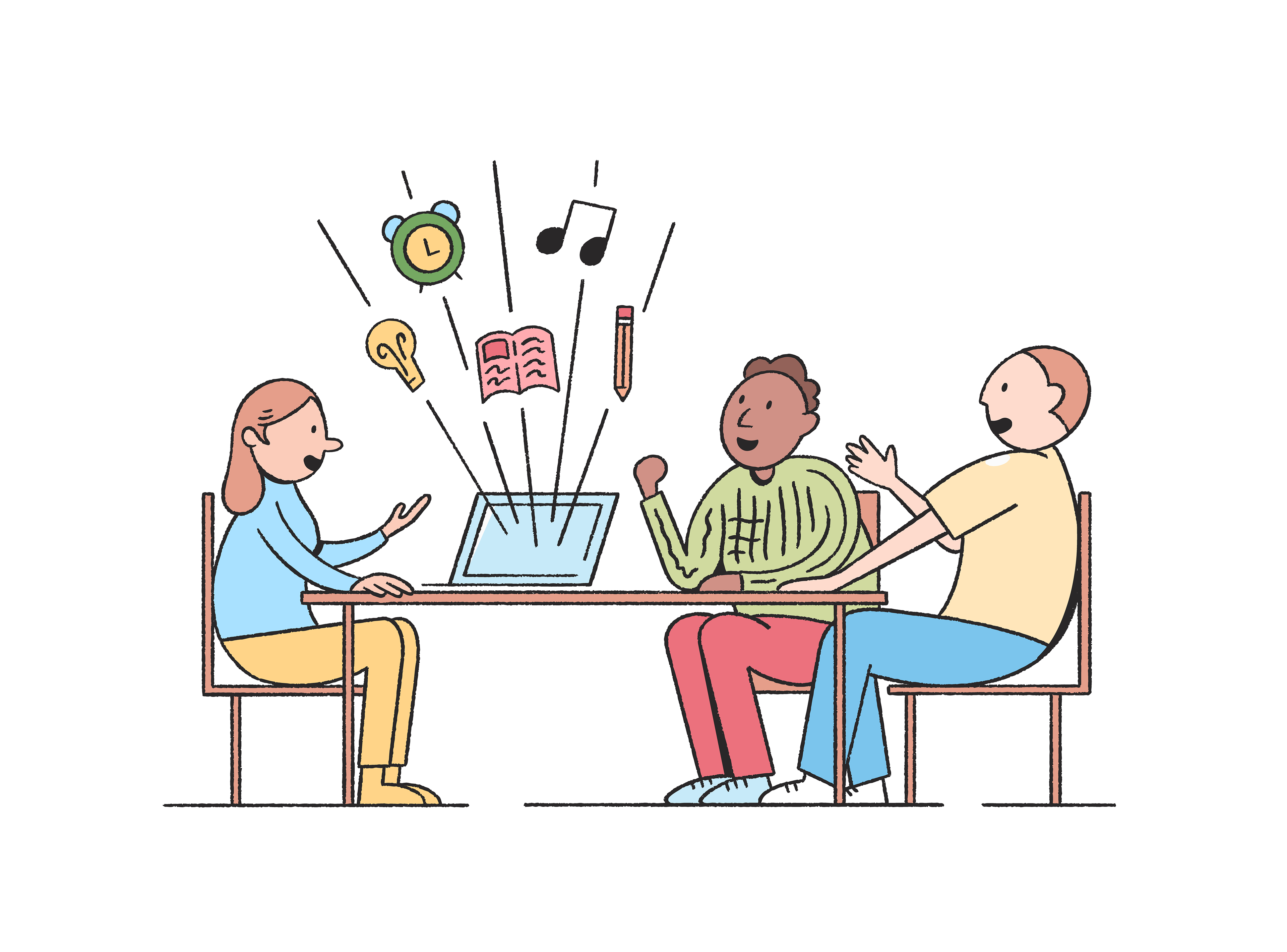 Amy Lauren Illustration, Dublin, Ireland – People sitting at a desk with an open laptop. Symbols come from the laptop, they are a lightbulb, a book, a pencil, a music note and a clock. Style is cartoonish and colourful.