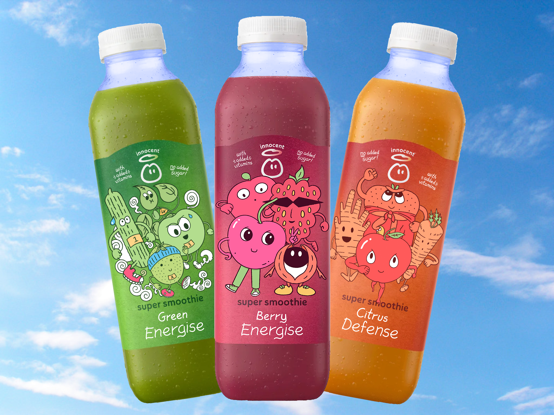 The Innocent Smoothie Super Smoothie range, introducing characters made in the form of cucumbers, apples, kiwis, cherries, strawberries, guarana, ginger, oranges and carrots. All illustrations and character designs are by Amy Lauren Illustration, based in Dublin, Ireland.