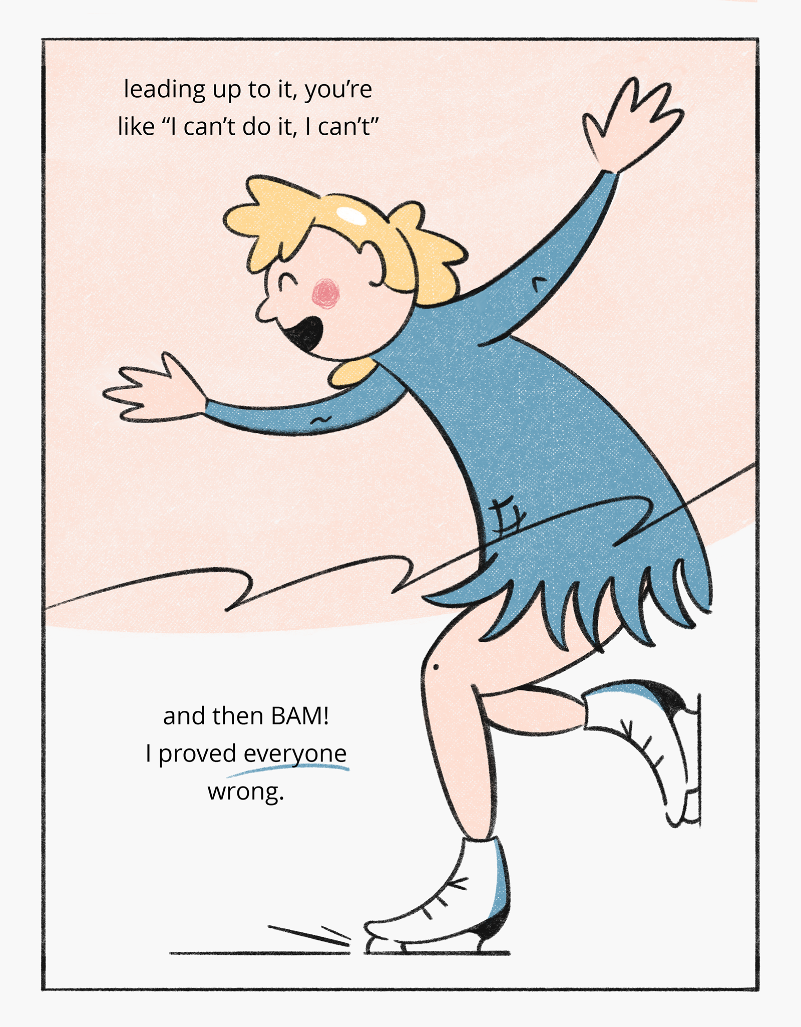 The main character from the film I, Tonya, is shown in a cartoon version. She has won in the image, and expresses joy.