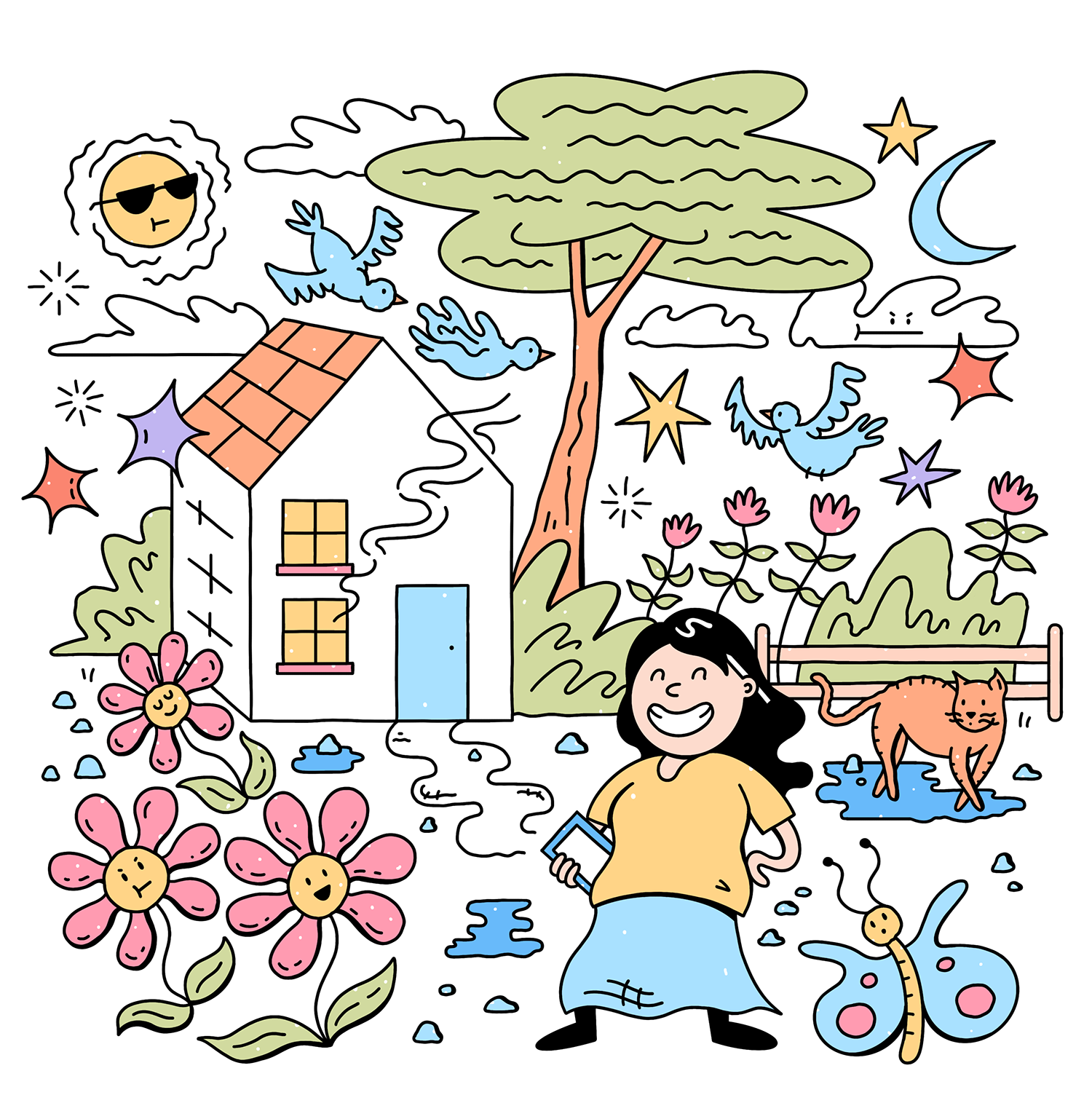 Amy Lauren Illustration, Dublin, Ireland – seen is an image of an illustrator with flowers, animals, trees and plants, stars and a sun and moon. The atmosphere is positive, whimsical and fun. The colours are bright, light and varied.