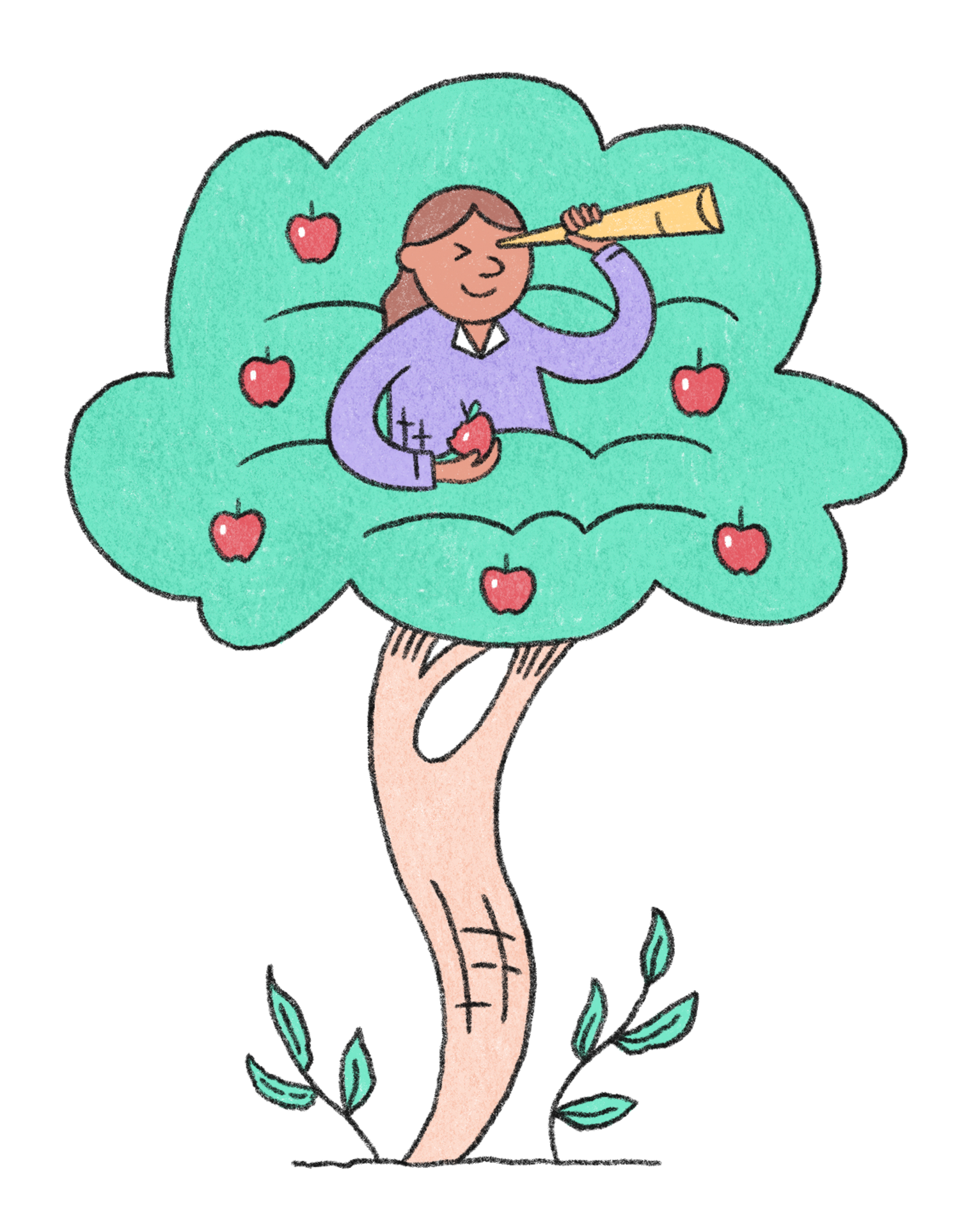 Illustration of a young woman sitting in a tree, smiling and confident. She is looking to what’s ahead of her, armed with knowledge.