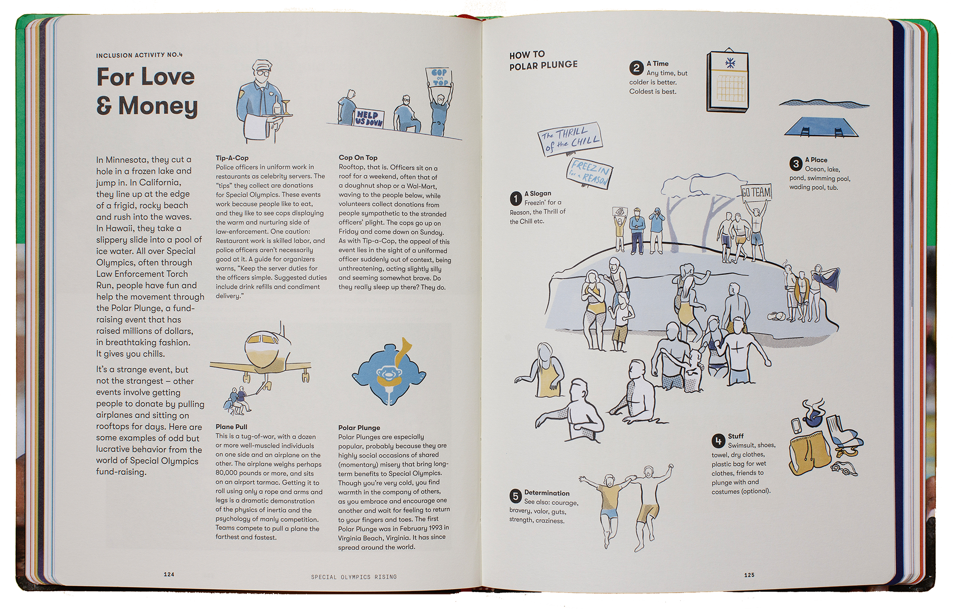 A book spread showing small illustrations of people having fun, with colours ranging from blue, yellow, white to black. They are seen swimming, protesting, pulling, relaxing and running.