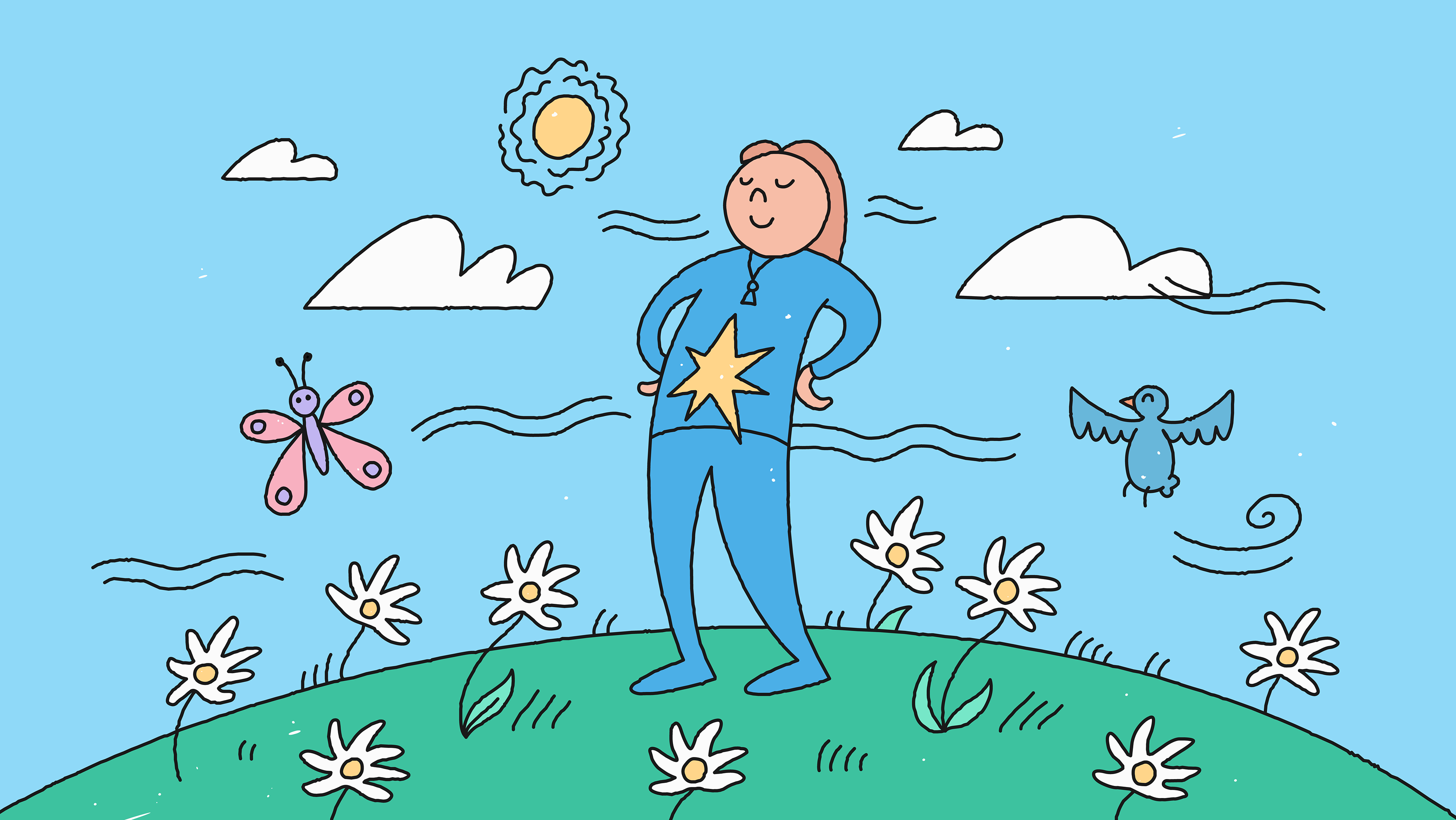 Filled illustration of a woman standing on the top of a hill looking triumphant. A bird and a butterfly are alongside her with the sun shining on her.
