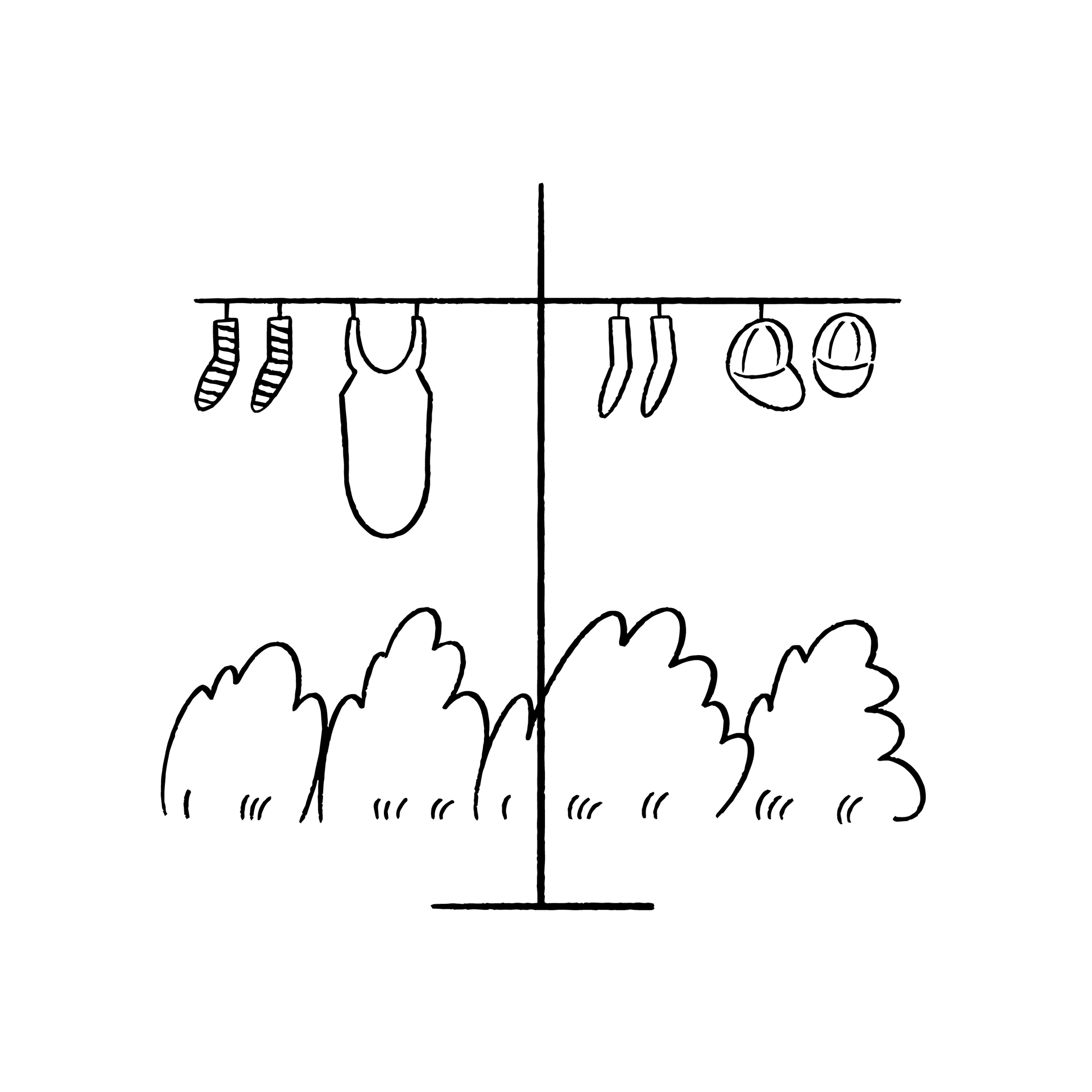 A clothing line is shown with bushes in the background. The line hangs socks, a bathing suit and hats.