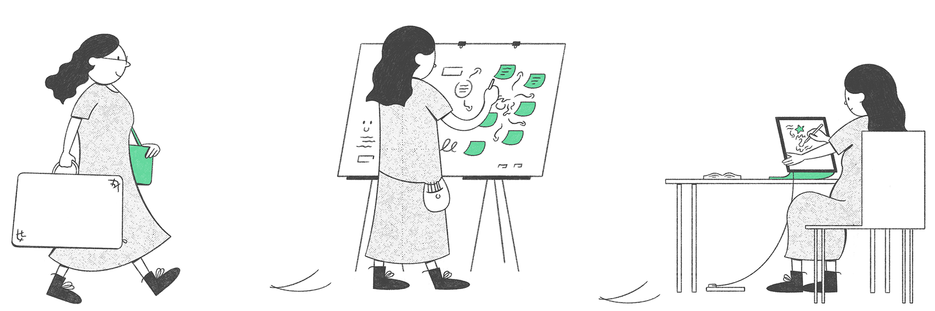 Amy Lauren Illustration and Graphic Recording. Image features the graphic recorder going to a booking. Then it features a paper graphic recording summary on a board and easels, and a digital set up using an iPad and table and chair. Available to attend anywhere in Ireland and for global events. Image is copyrighted under Amy Lauren Illustration.