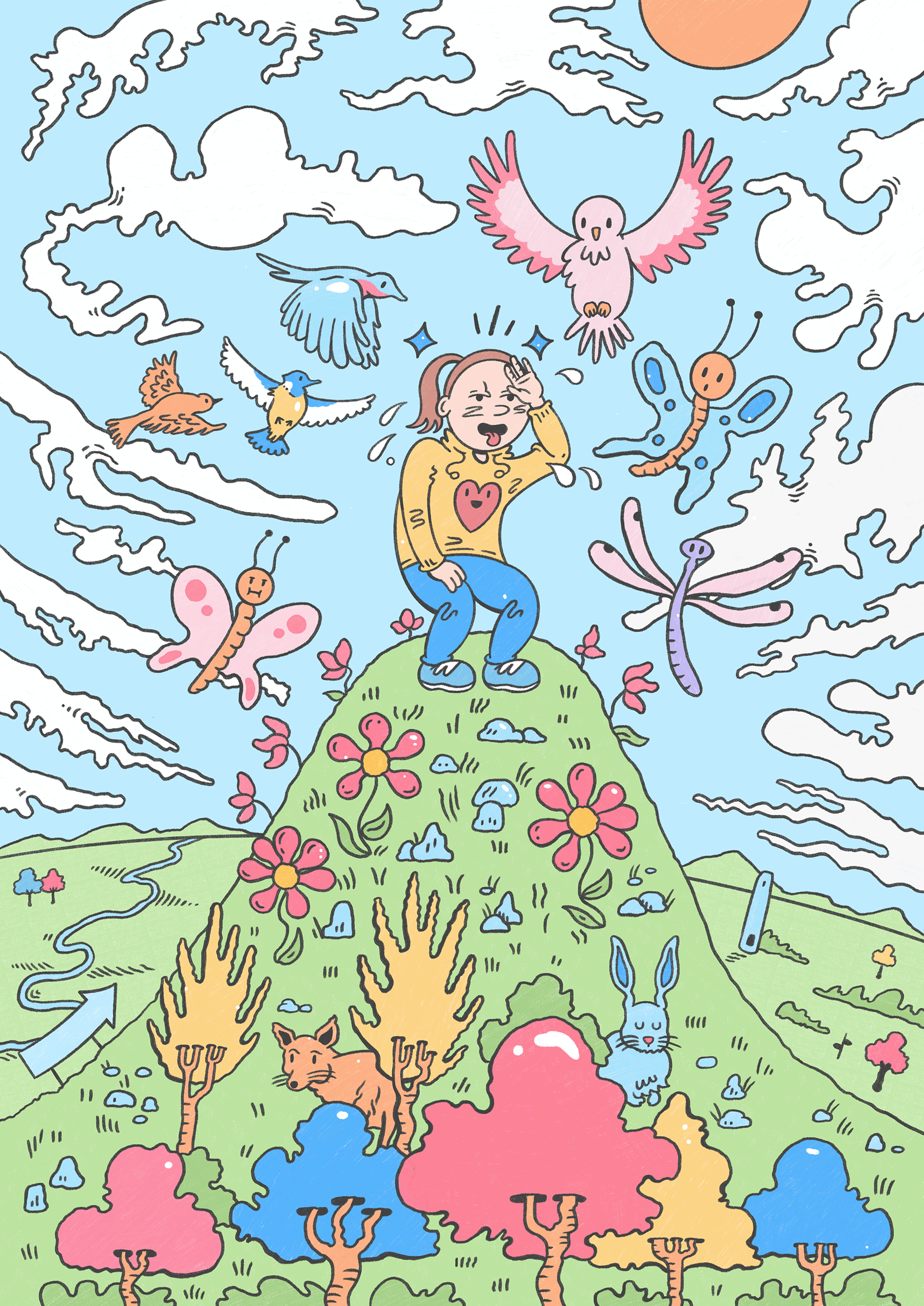 Amy Lauren Illustration and Graphic Recording, Dublin, Ireland – My exhibition piece Two Legs Suffice for Affinities with Illustrators Ireland. Features a woman on the top of a hill, having finished her hike. Birds and animals surround her, along with trees, flowers and plants. 