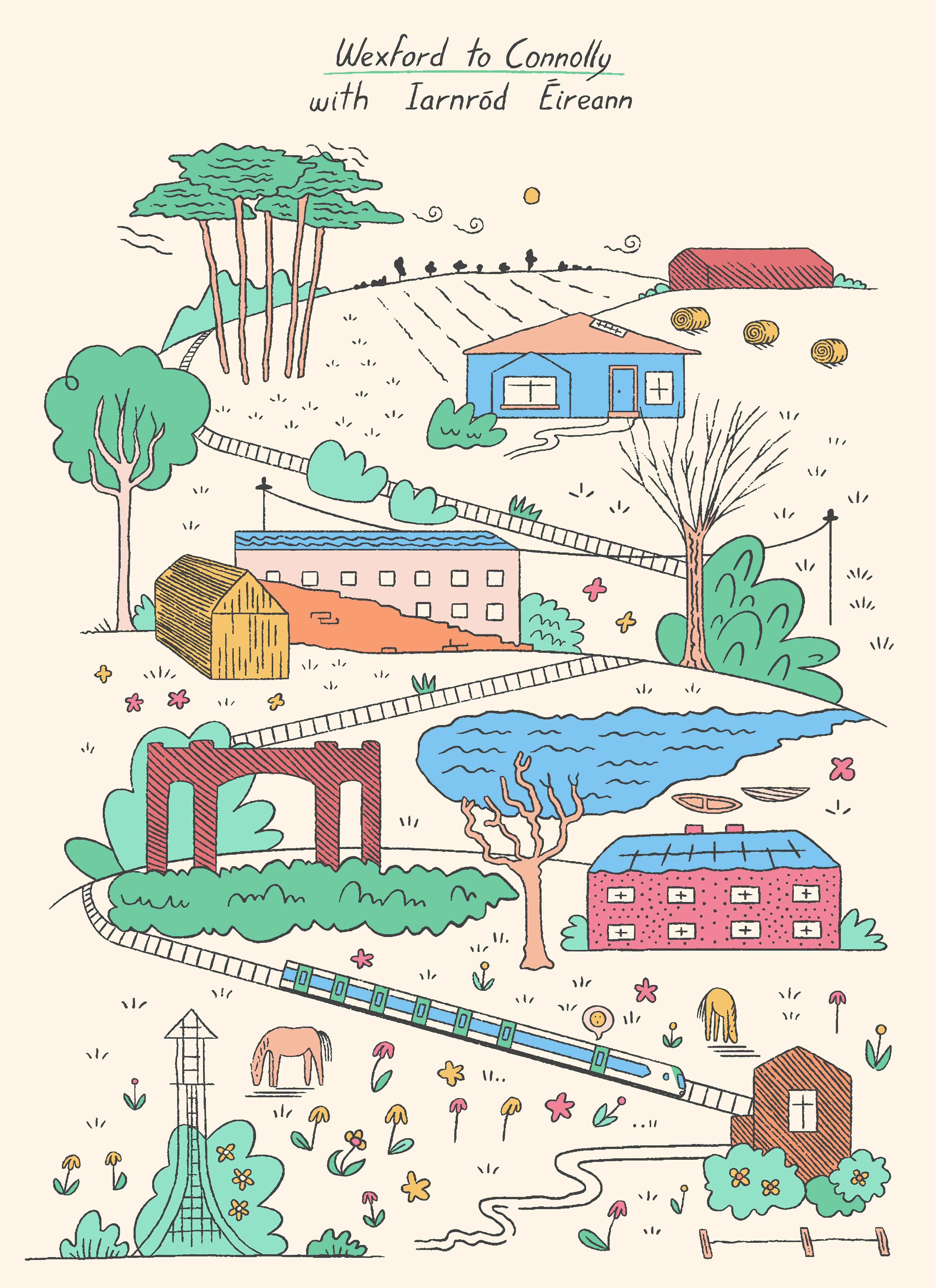 A collage illustration showing different sketched images of places seen on a train journey from Wexford, Ireland, to Connolly Station, Dublin, Ireland, using the new electric trains from Irish Rail or Iarnrod Eireann.