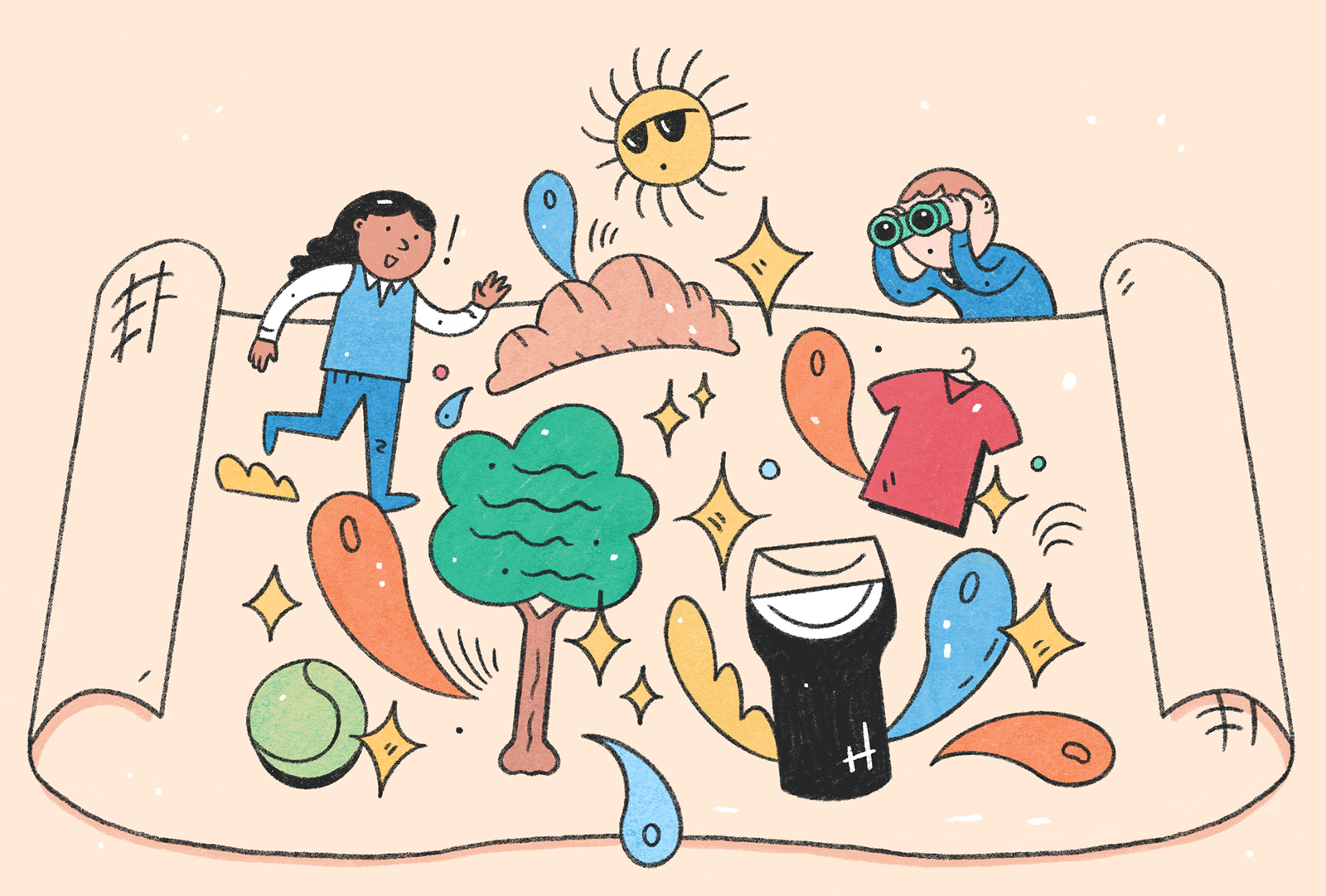 A crisp, approachable illustration of an excited brown woman set against an old-fashioned discovery map. Around her, colorful modern location icons—representing shopping, drinking, eating, and parks—are scattered randomly across the map, suggesting variety and the abundance of choices.