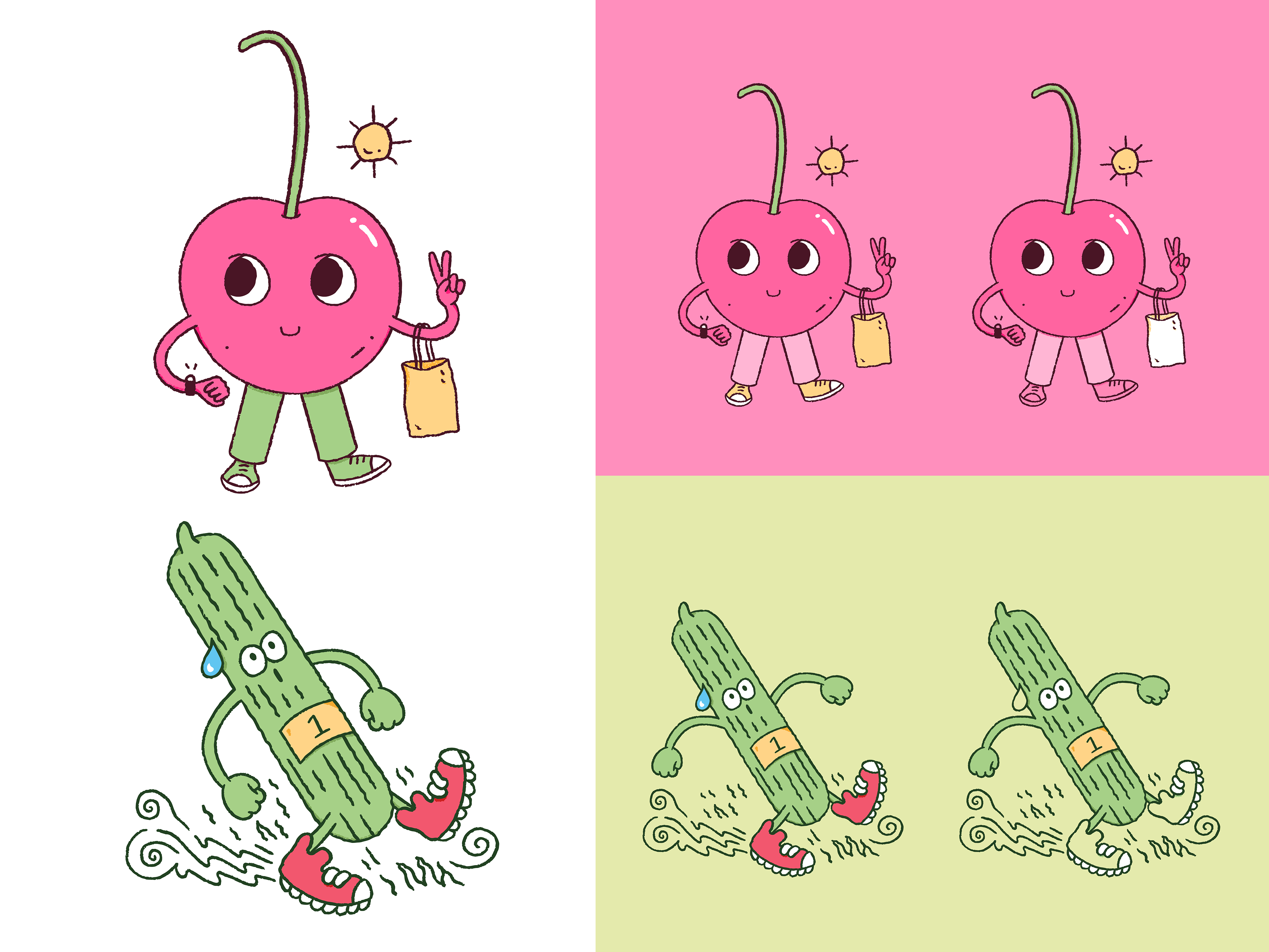 The Innocent Smoothie Super Smoothie range, introducing characters made in the form of cucumbers, apples, kiwis, cherries, strawberries, guarana, ginger, oranges and carrots. All illustrations and character designs are by Amy Lauren Illustration, based in Dublin, Ireland.