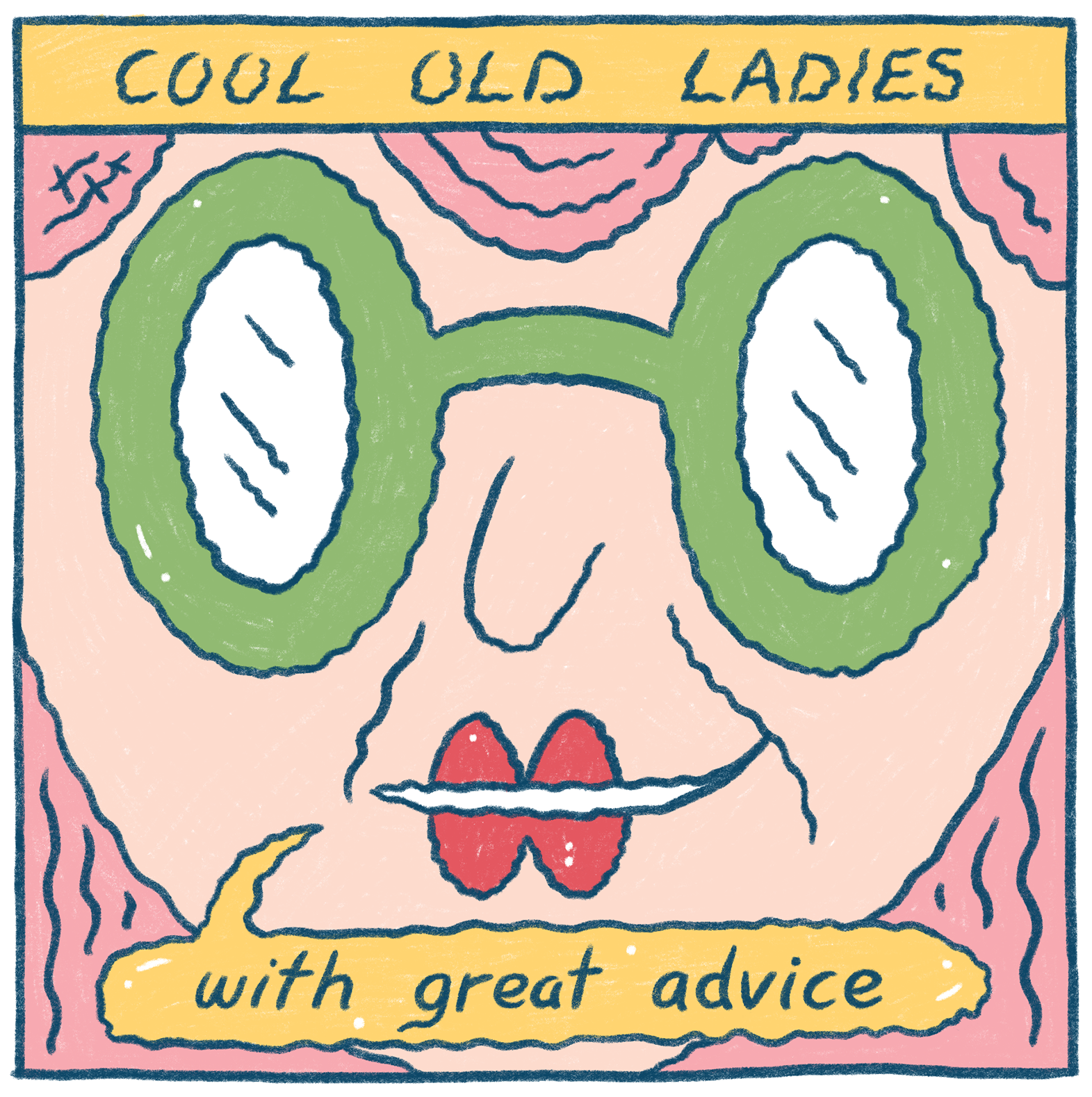 Cool Old Ladies: A personal tribute to all of the cool old ladies who have ever given me advice. An old woman is shown with flamboyant sunglasses and dyed hair.