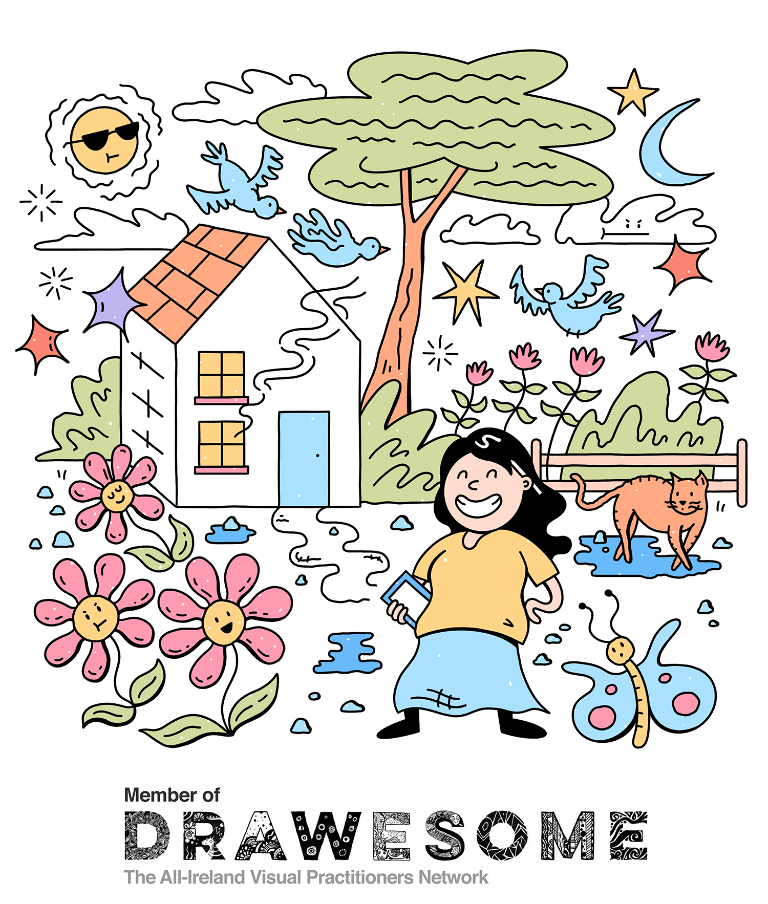 Amy Lauren Illustration, graphic recording, Drawesome member, colourful line illustration.