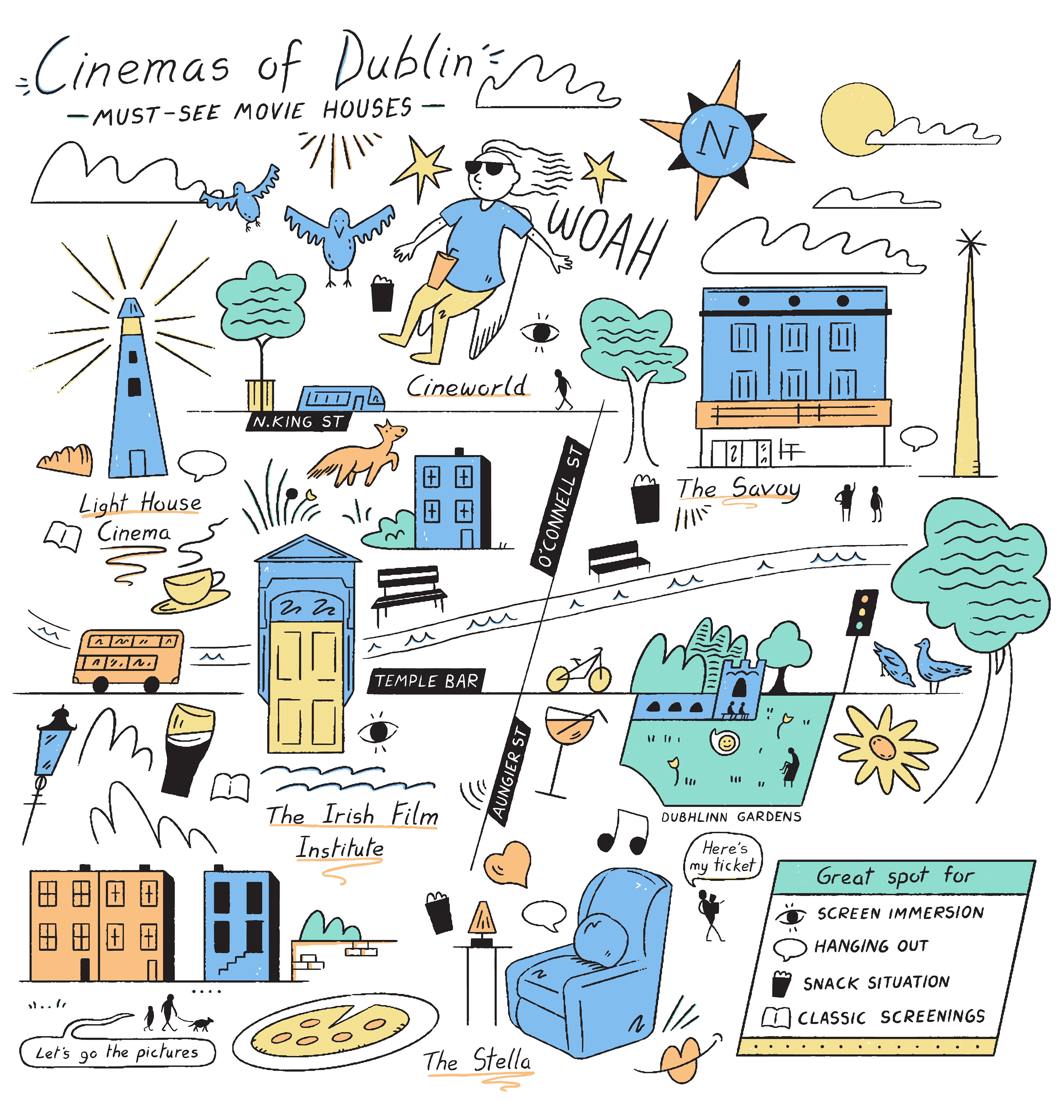 Vector illustration that is featured on the Cinemas of Dublin tote bag by illustrator Amy Lauren and film writers Film In Dublin.