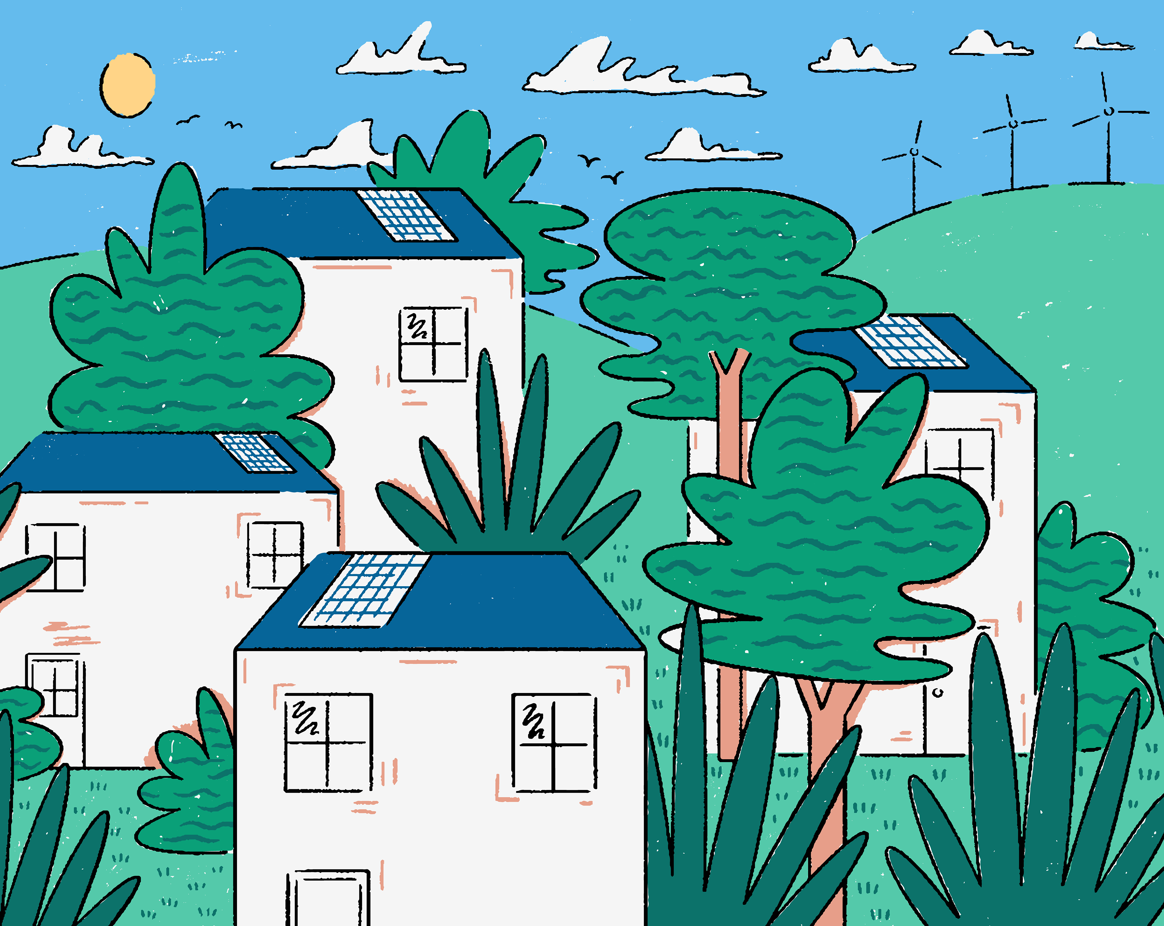 This is an illustration showing a rural suburban area, with lots of greenery and a wind farm.