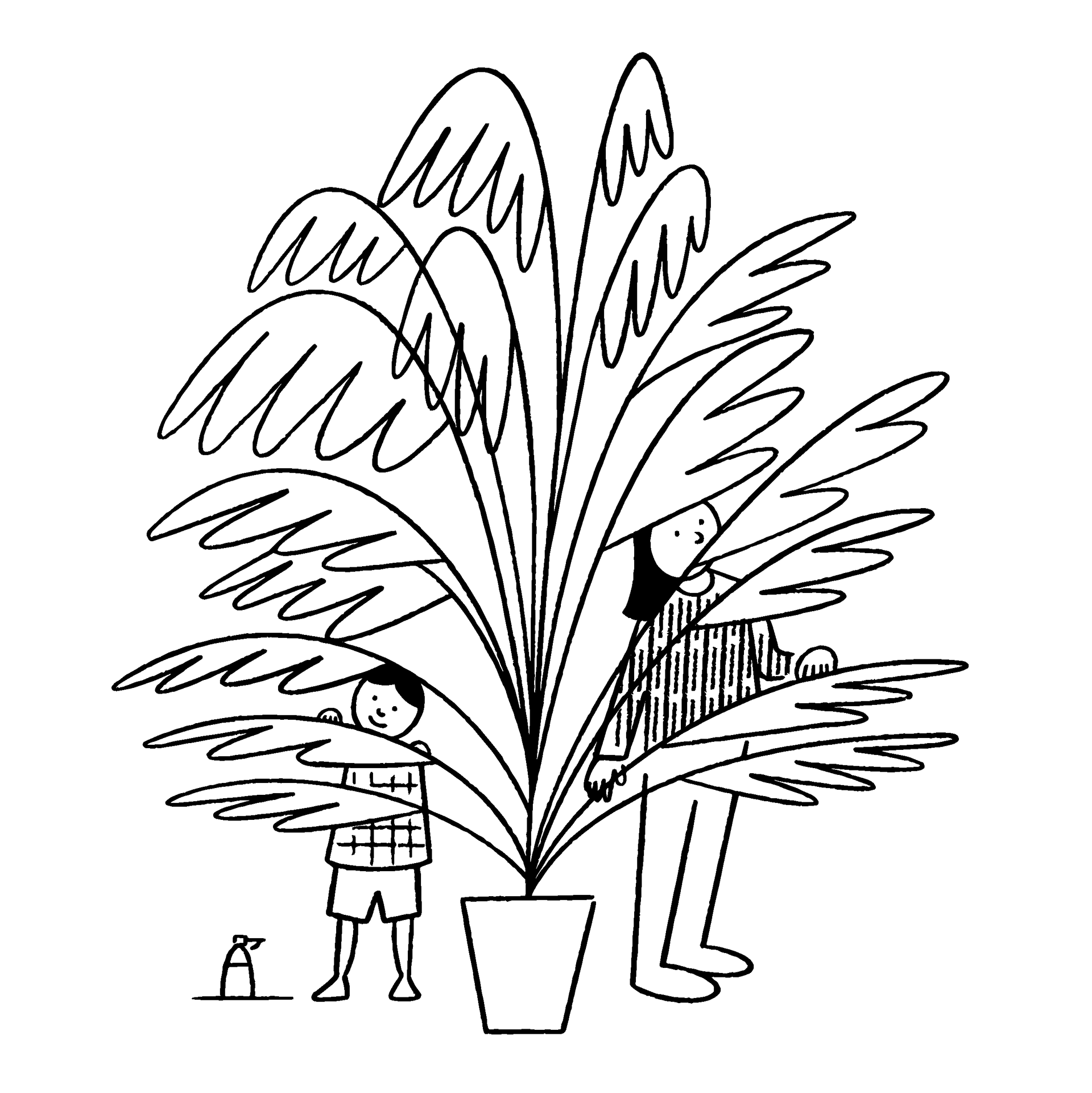 Children are shown hiding behind an overgrown plant.
