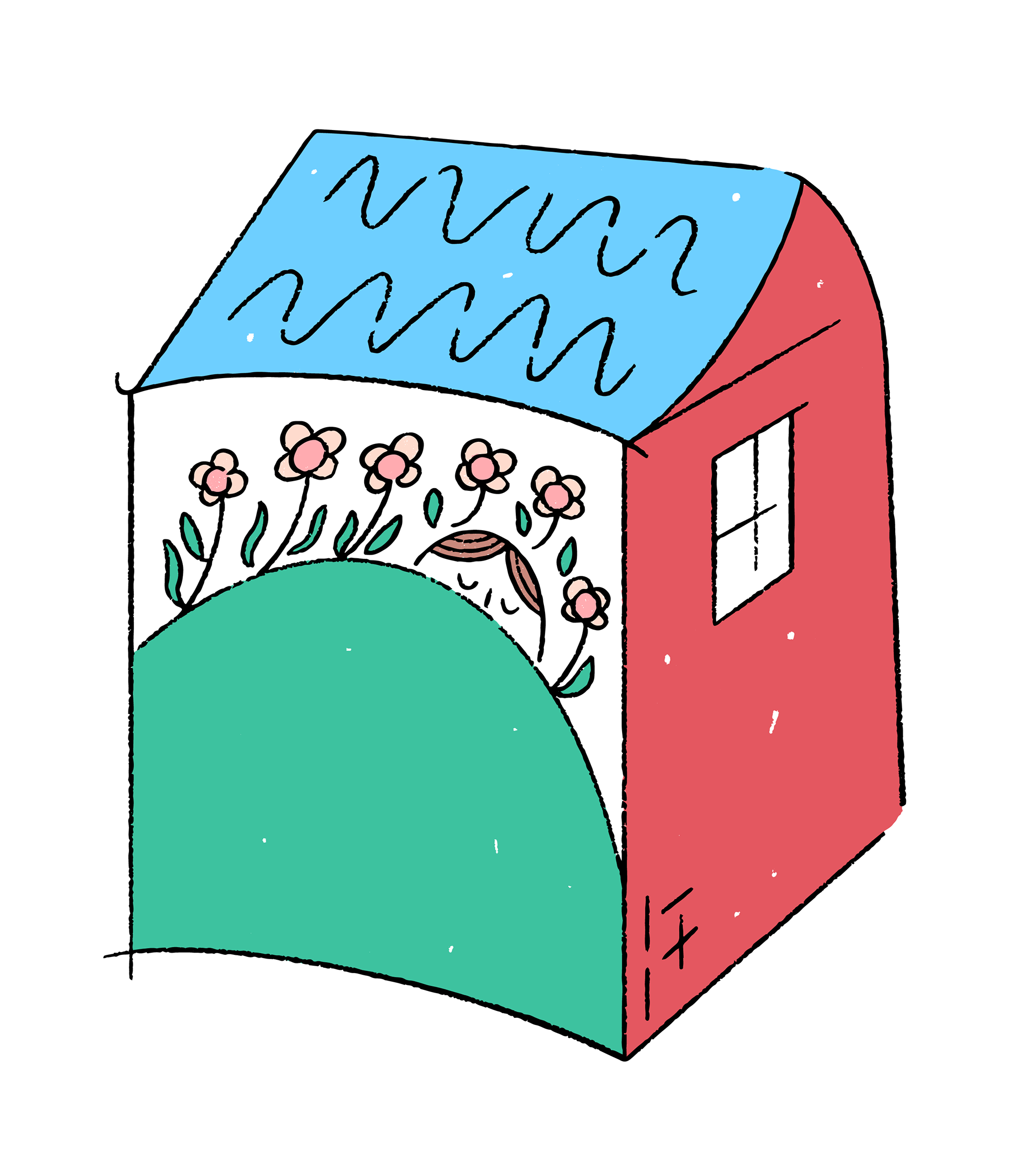 A non-gender conforming person is shown in their house, sleeping in a bed of flowers, expressing that rest brings growth.