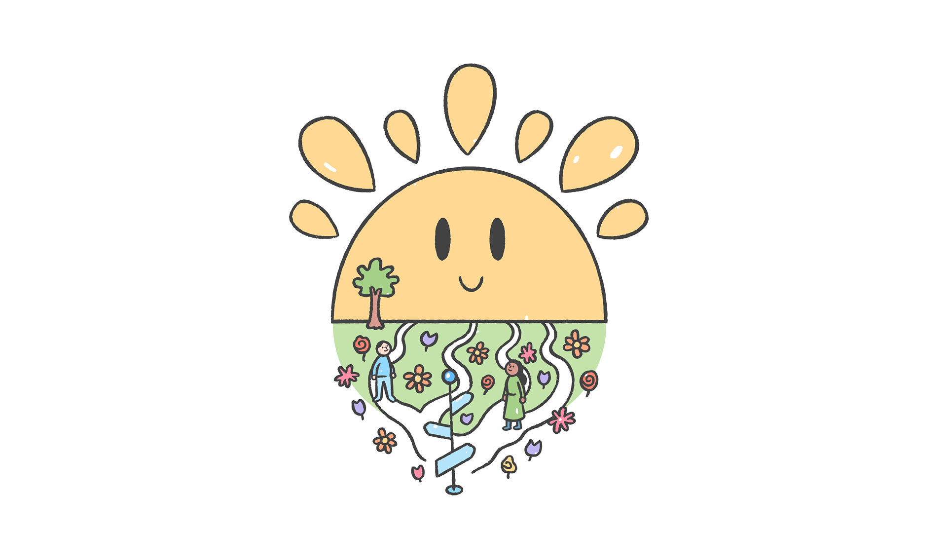 Amy Lauren Illustration, Dublin, Ireland – NCSE UDL showcase featuring a sun, students, flowers, new directions